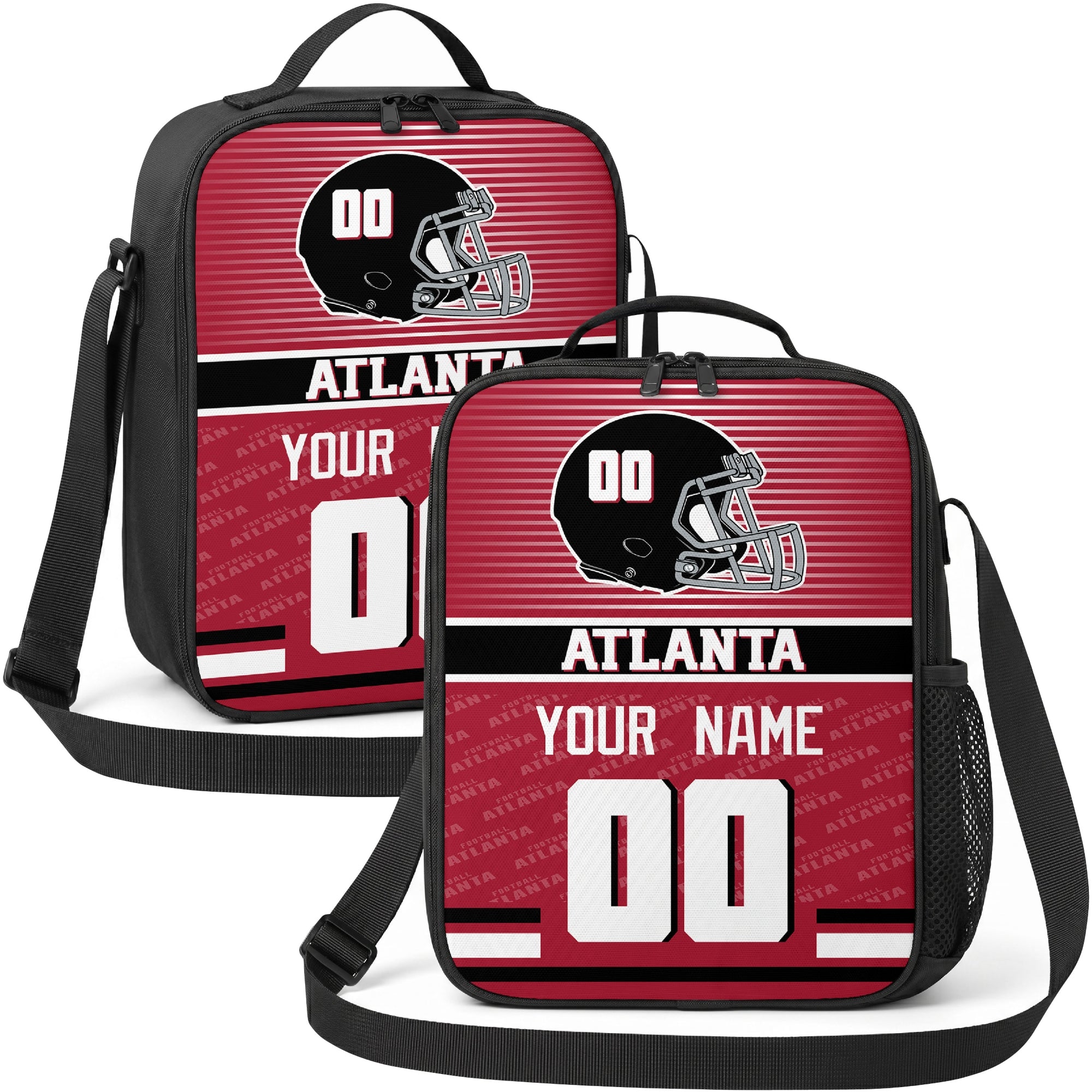 Atlanta personalized striped helmet football shoulder bag in red black and white showing front and angled views with custom name and number