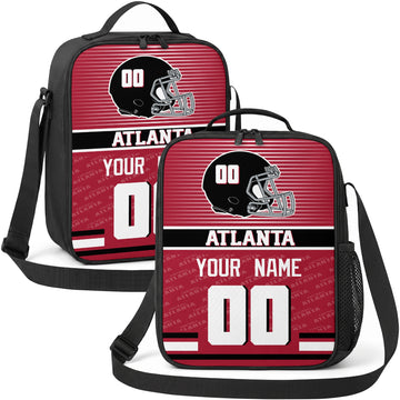 Atlanta personalized striped helmet football shoulder bag in red black and white showing front and angled views with custom name and number