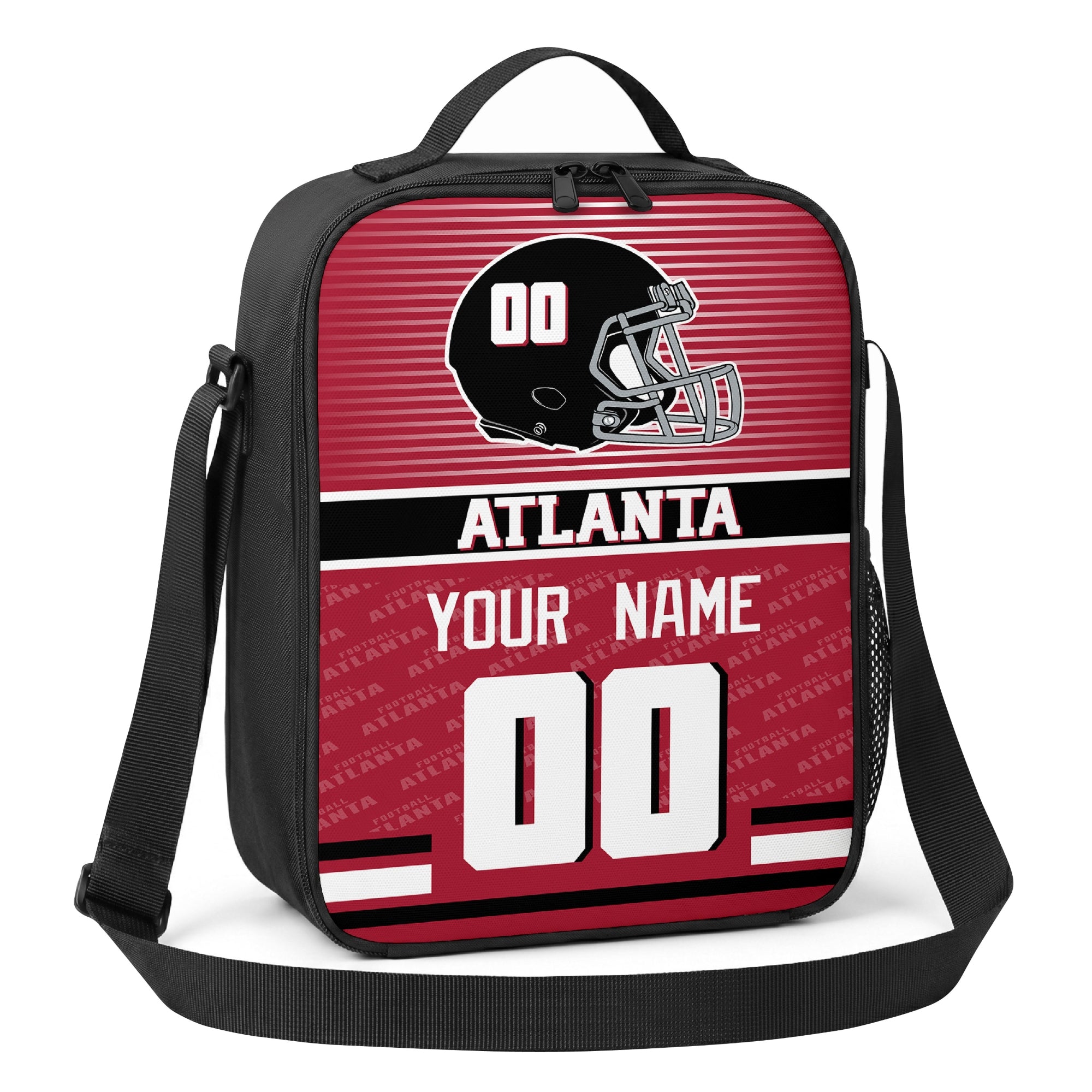Atlanta red black and white striped helmet football shoulder bag angled front view with city stripe and custom name number