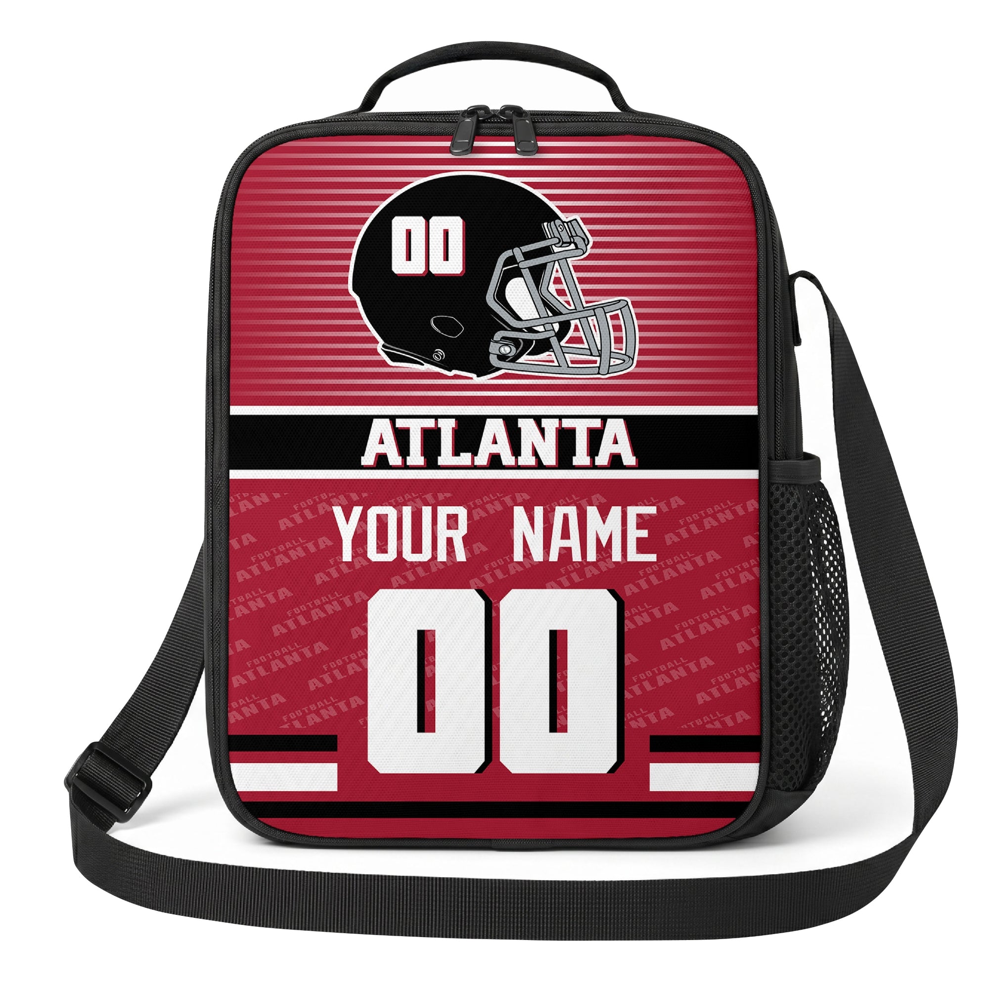 Atlanta red black and white striped helmet football shoulder bag alternate angled view with side mesh pocket top handle and shoulder strap