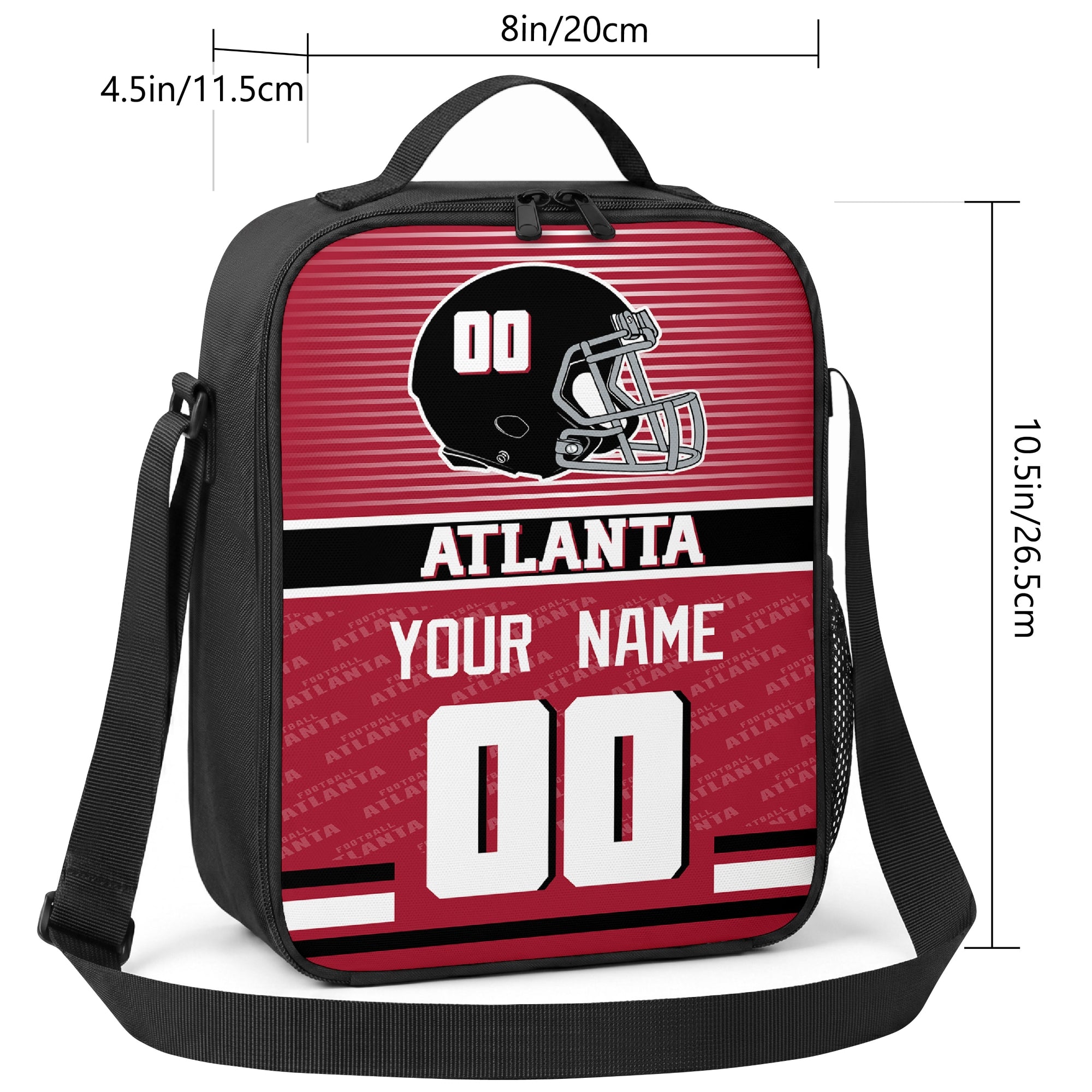 Atlanta striped helmet football shoulder bag size guide showing 8 inch width 4.5 inch depth and 10.5 inch height