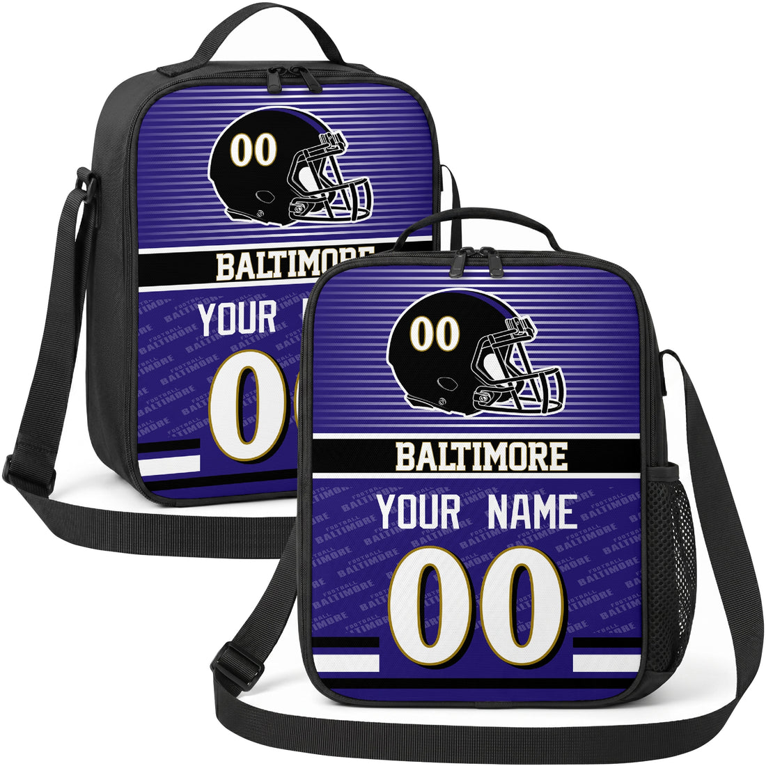 Baltimore personalized striped helmet football shoulder bag in purple black and gold showing front and angled views with custom name and number