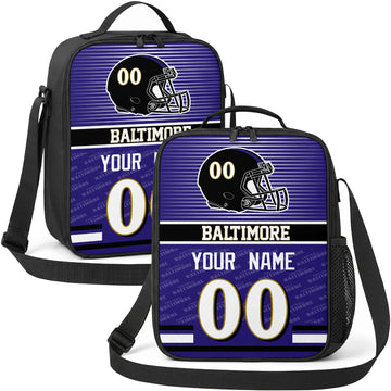 Baltimore personalized striped helmet football shoulder bag in purple black and gold showing front and angled views with custom name and number