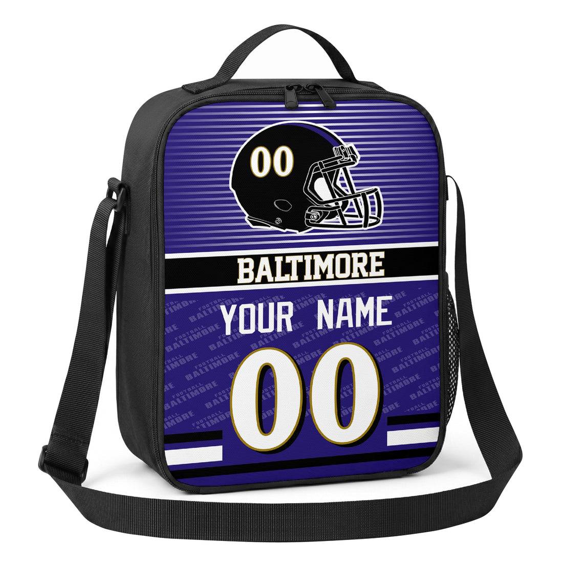 Baltimore personalized striped helmet football shoulder bag in purple black and gold showing front and angled views with custom name and number