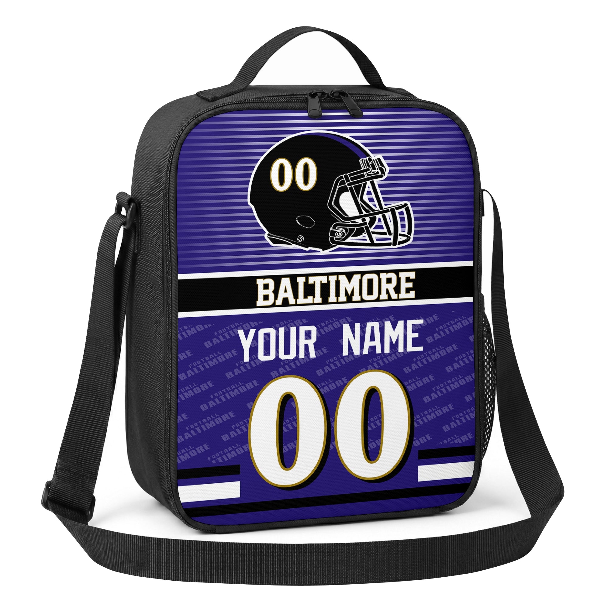 Baltimore purple black and gold striped helmet football shoulder bag angled front view with city stripe and custom name number