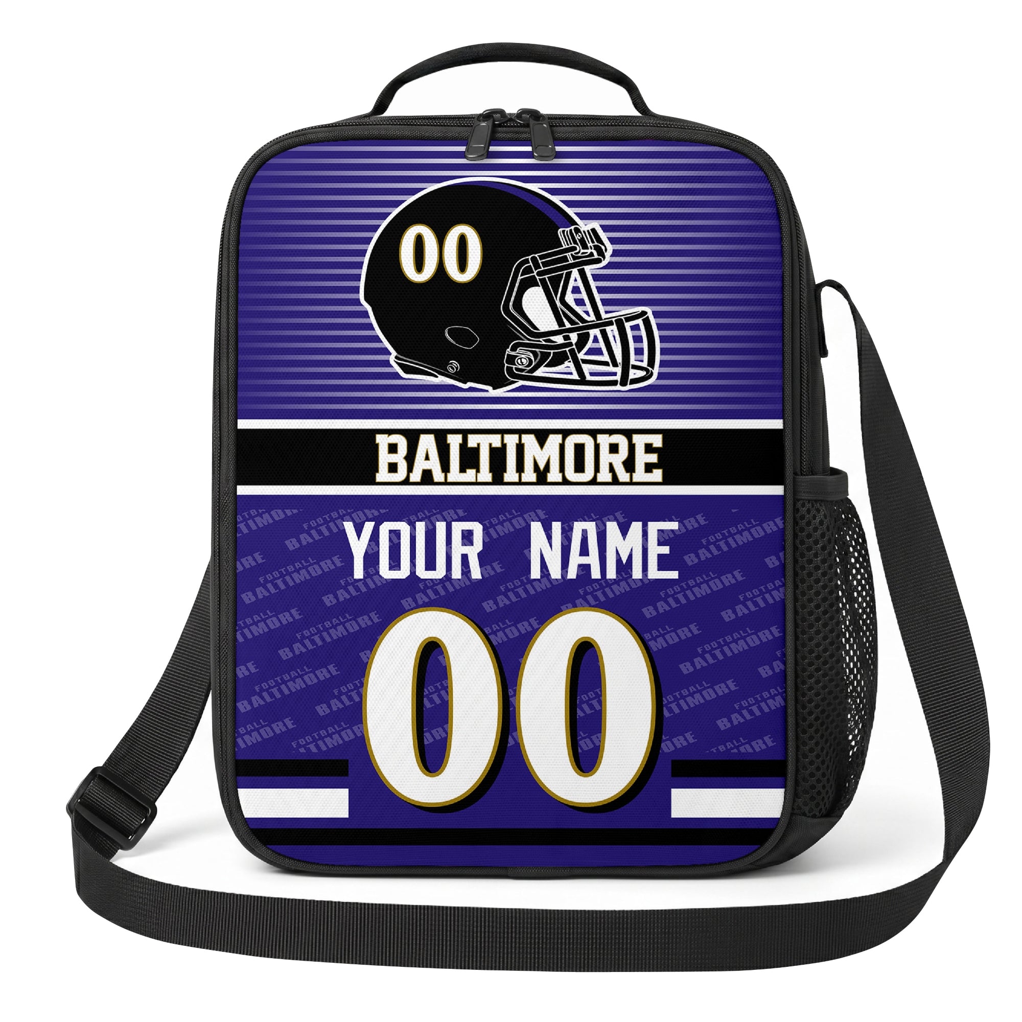 Baltimore purple black and gold striped helmet football shoulder bag alternate angled view with side mesh pocket top handle and shoulder strap
