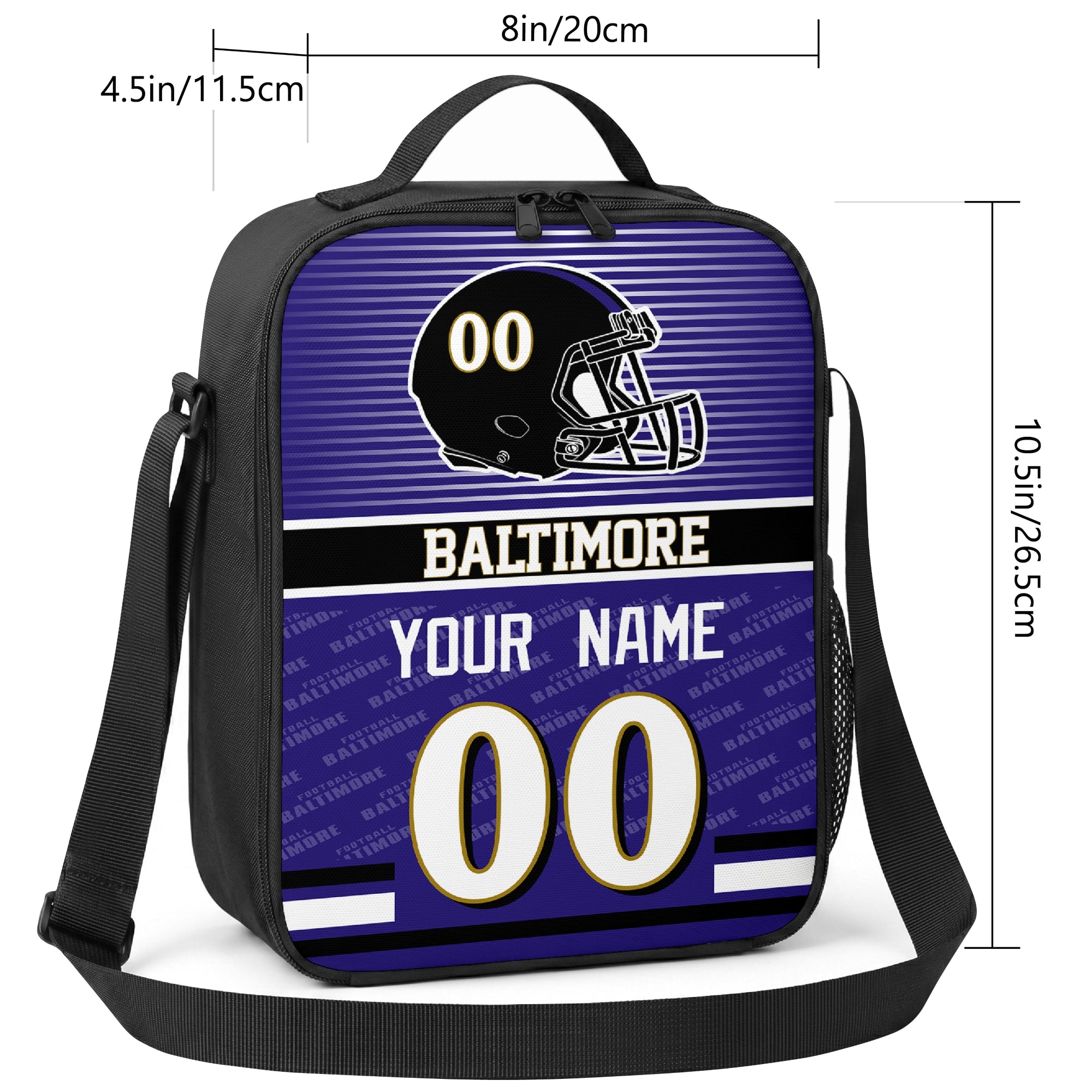 Baltimore striped helmet football shoulder bag size guide showing 8 inch width 4.5 inch depth and 10.5 inch height