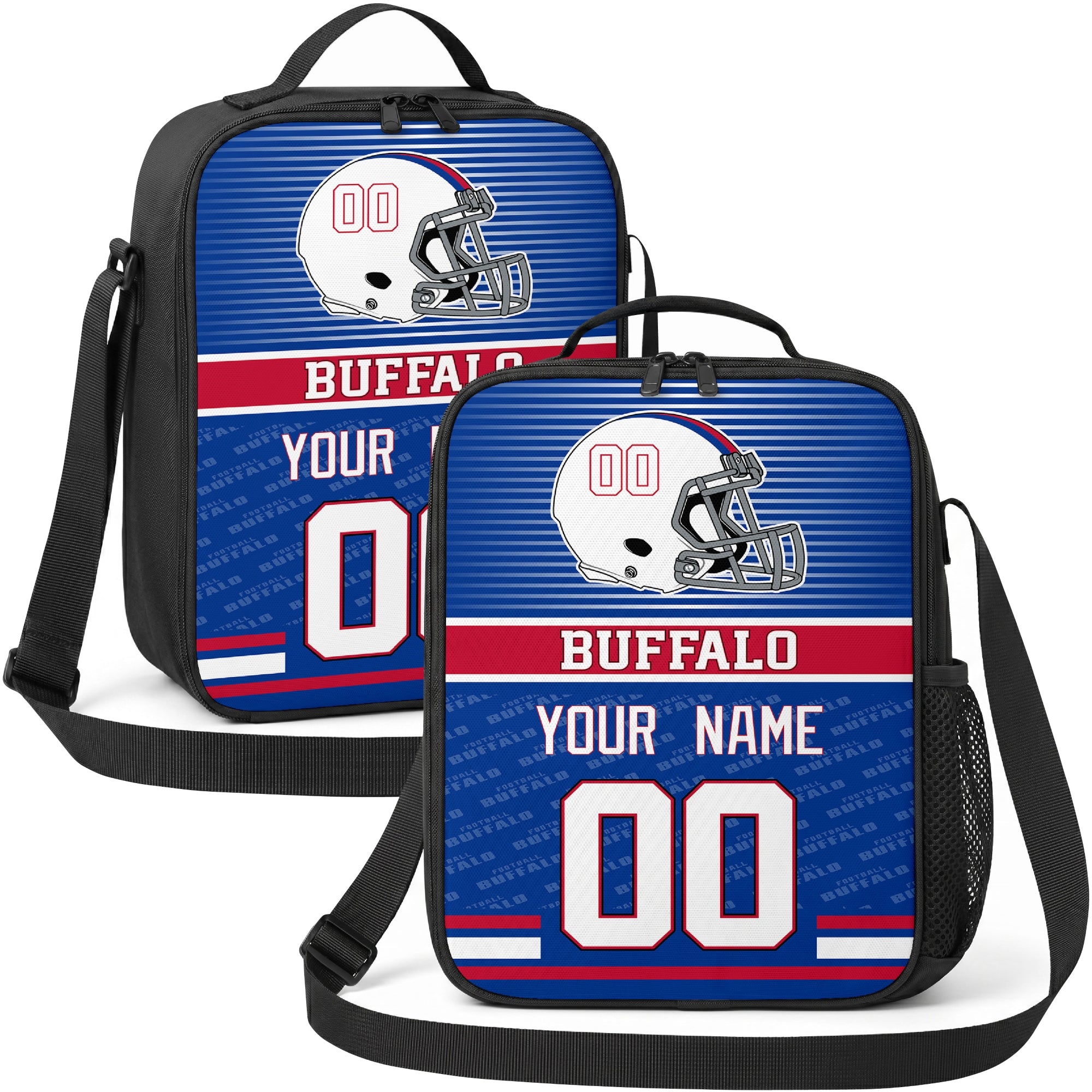 Buffalo personalized striped helmet football shoulder bag in blue red and white showing front and angled views with custom name and number