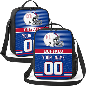 Buffalo personalized striped helmet football shoulder bag in blue red and white showing front and angled views with custom name and number
