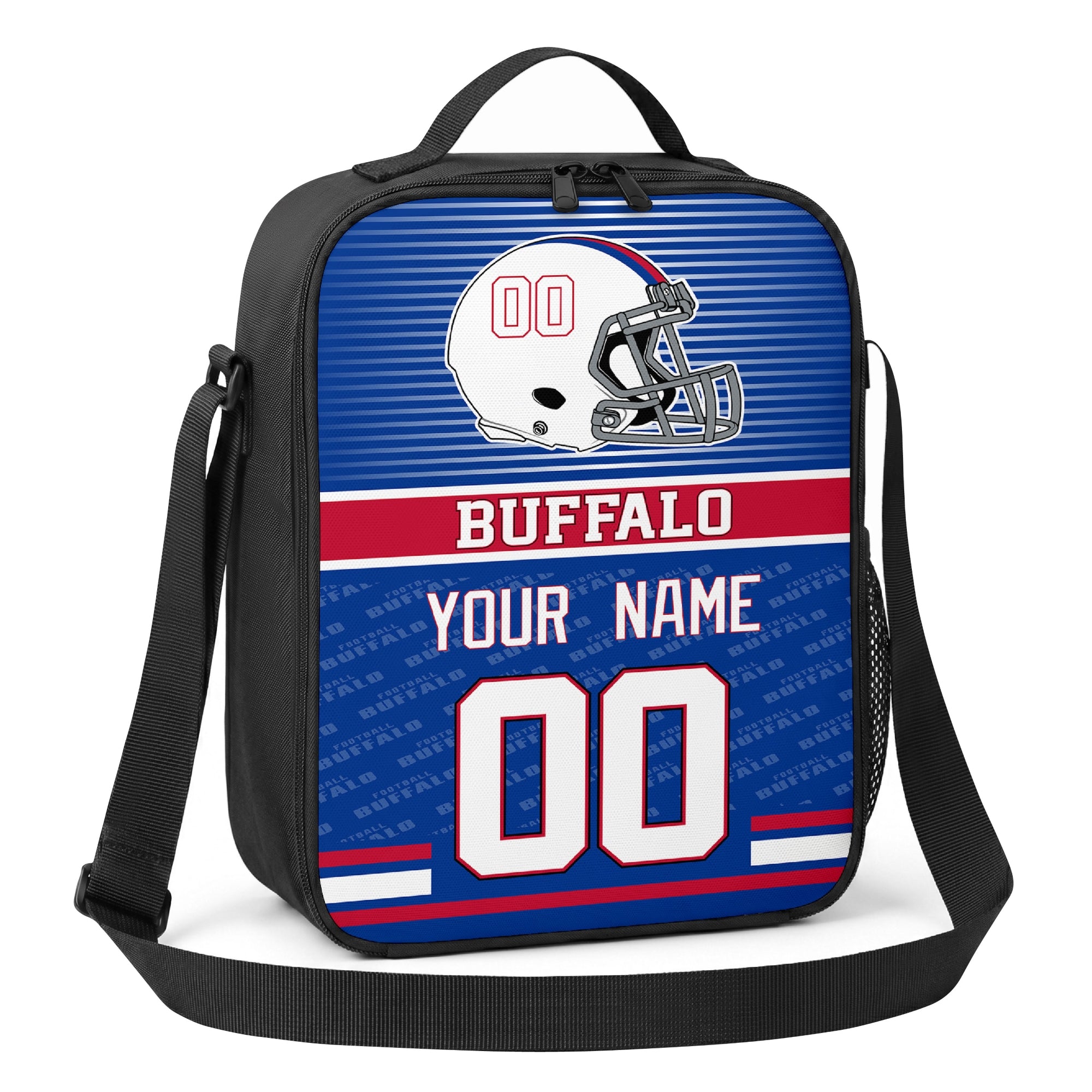 Buffalo blue red and white striped helmet football shoulder bag angled front view with city stripe and custom name number
