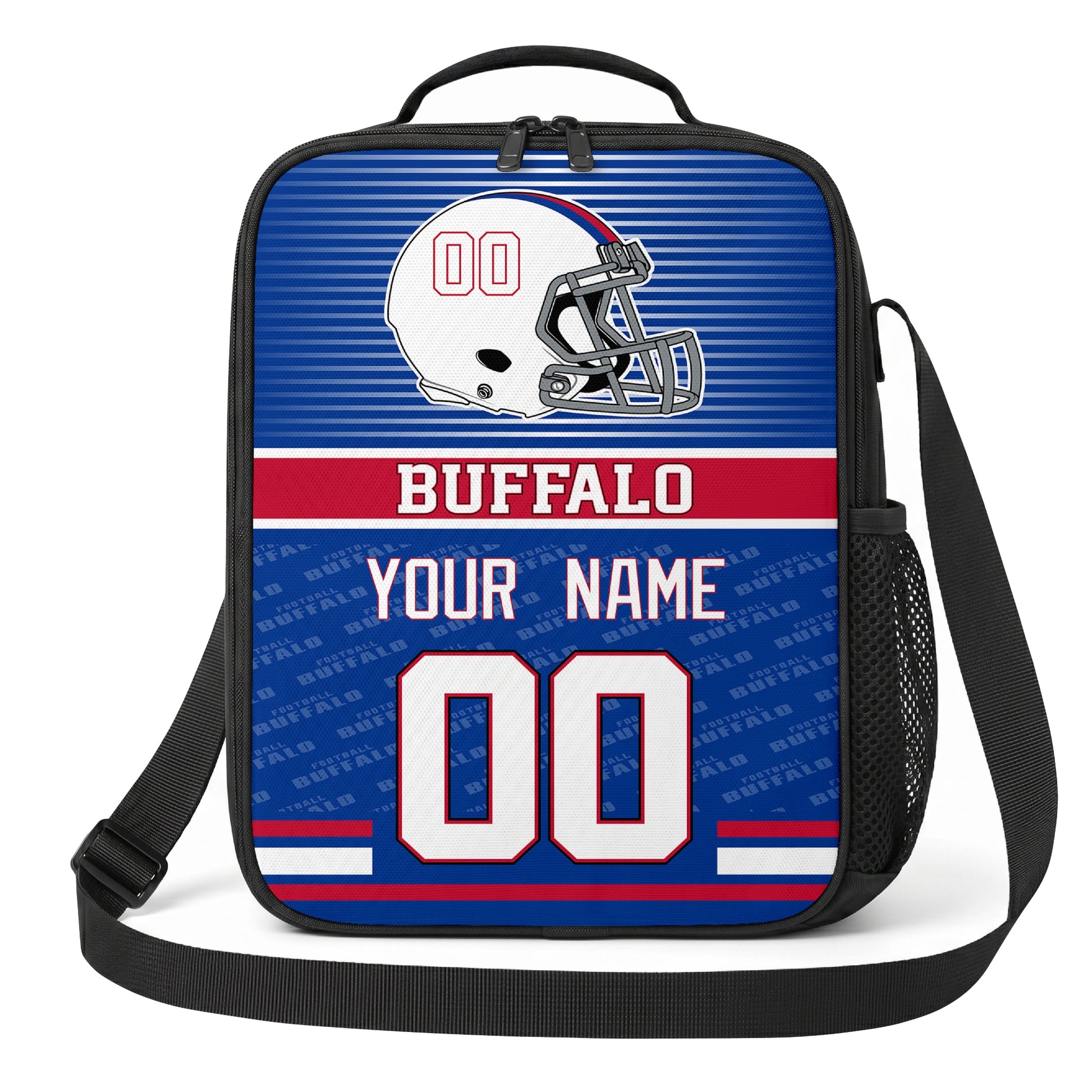 Buffalo blue red and white striped helmet football shoulder bag alternate angled view with side mesh pocket top handle and shoulder strap