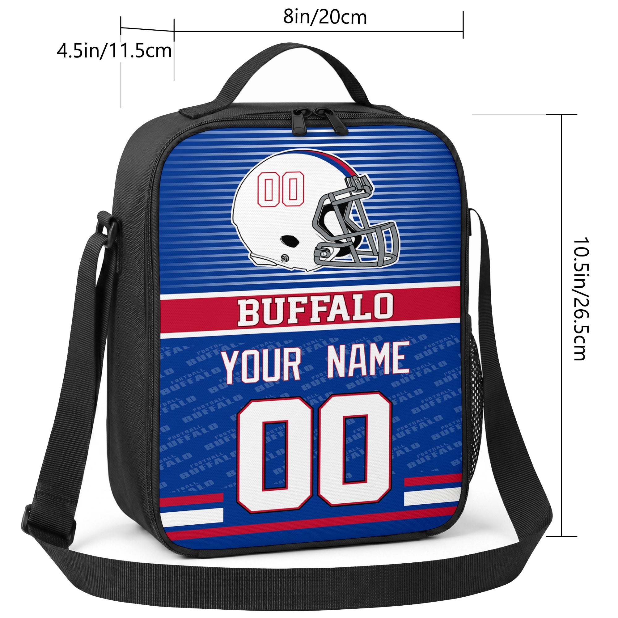 Buffalo striped helmet football shoulder bag size guide showing 8 inch width 4.5 inch depth and 10.5 inch height