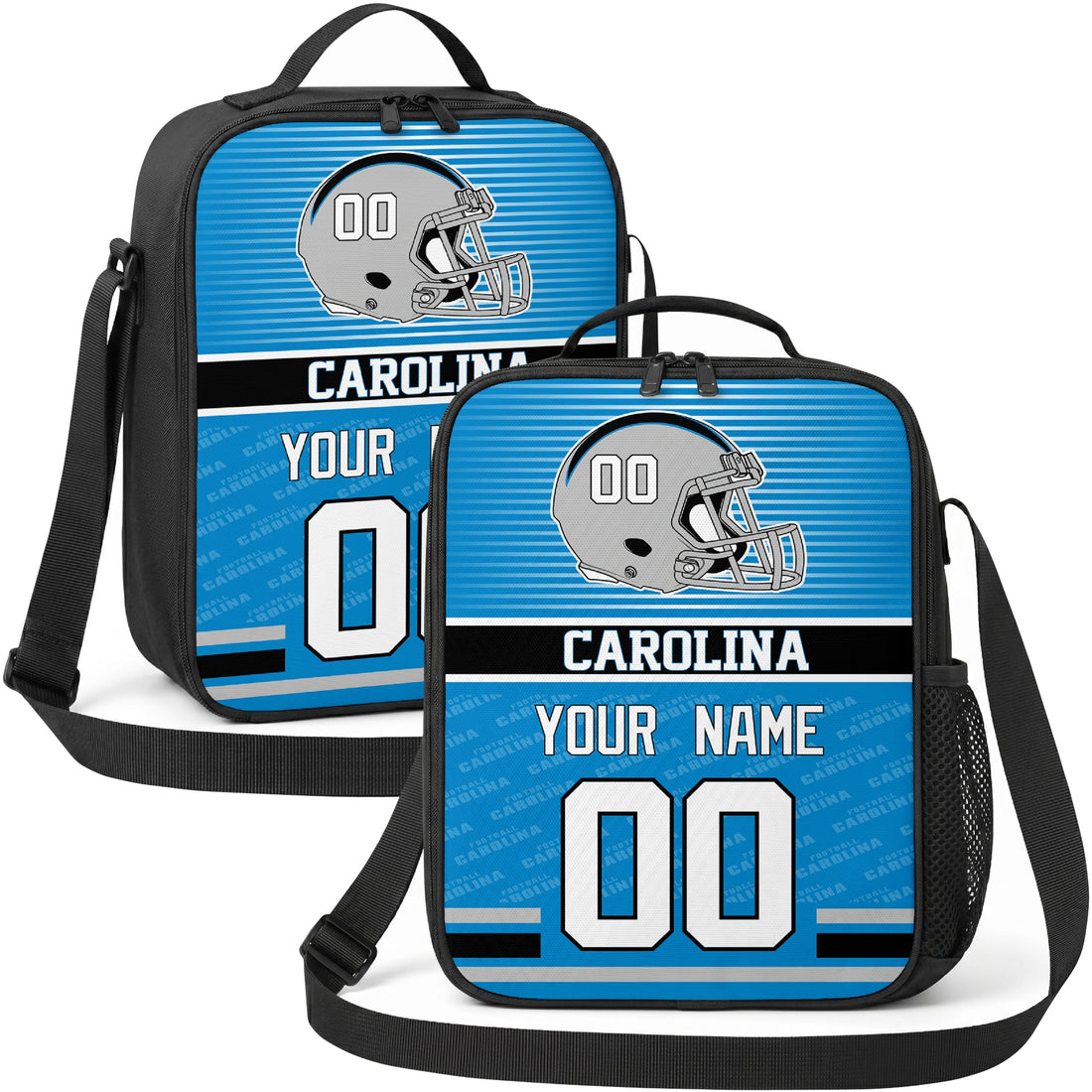Carolina personalized striped helmet football shoulder bag in bright blue black and white showing front and angled views with custom name and number