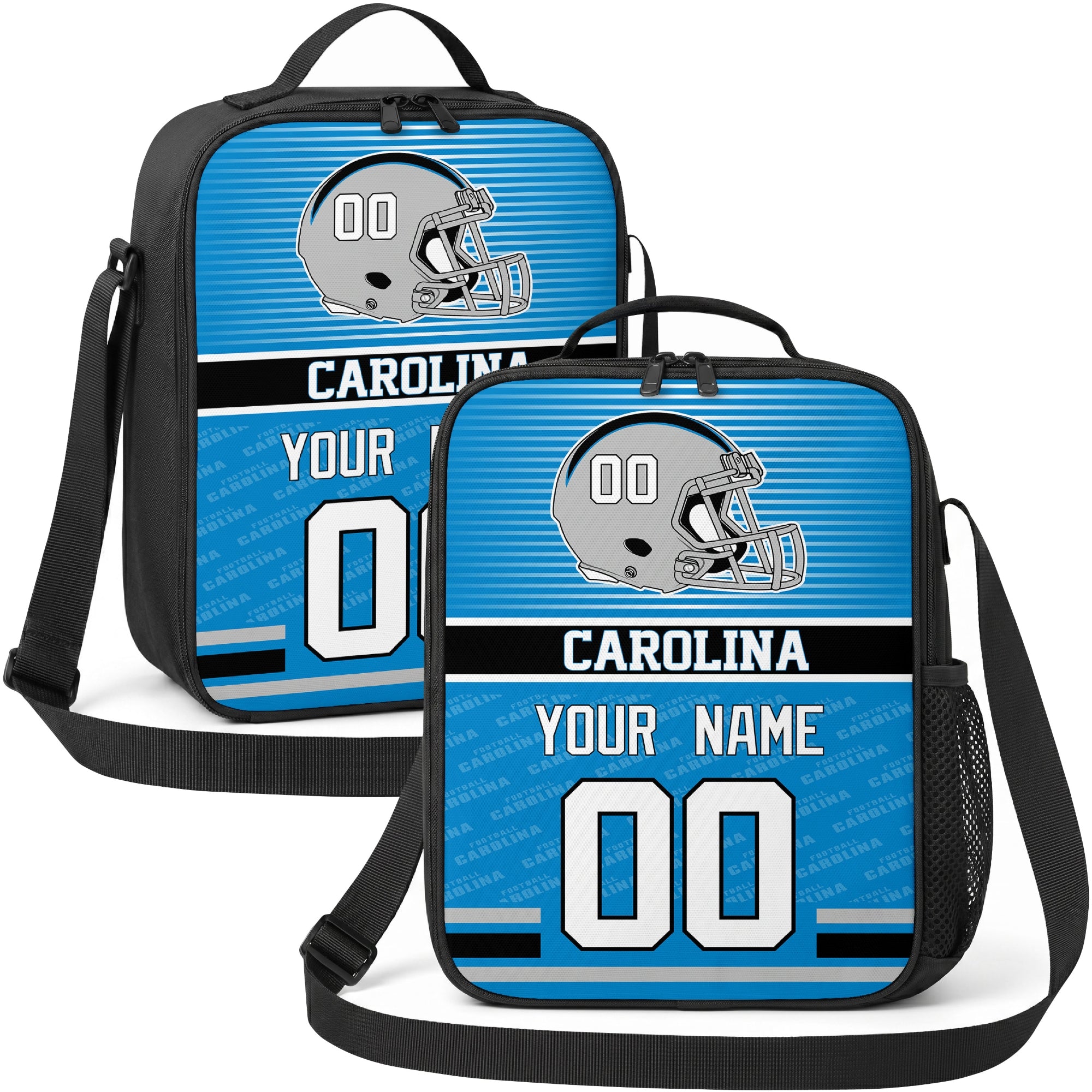 Carolina personalized striped helmet football shoulder bag in bright blue black and white showing front and angled views with custom name and number