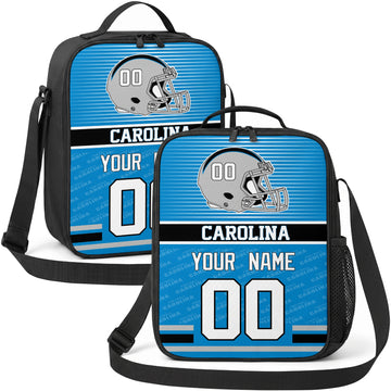 Carolina personalized striped helmet football shoulder bag in bright blue black and white showing front and angled views with custom name and number