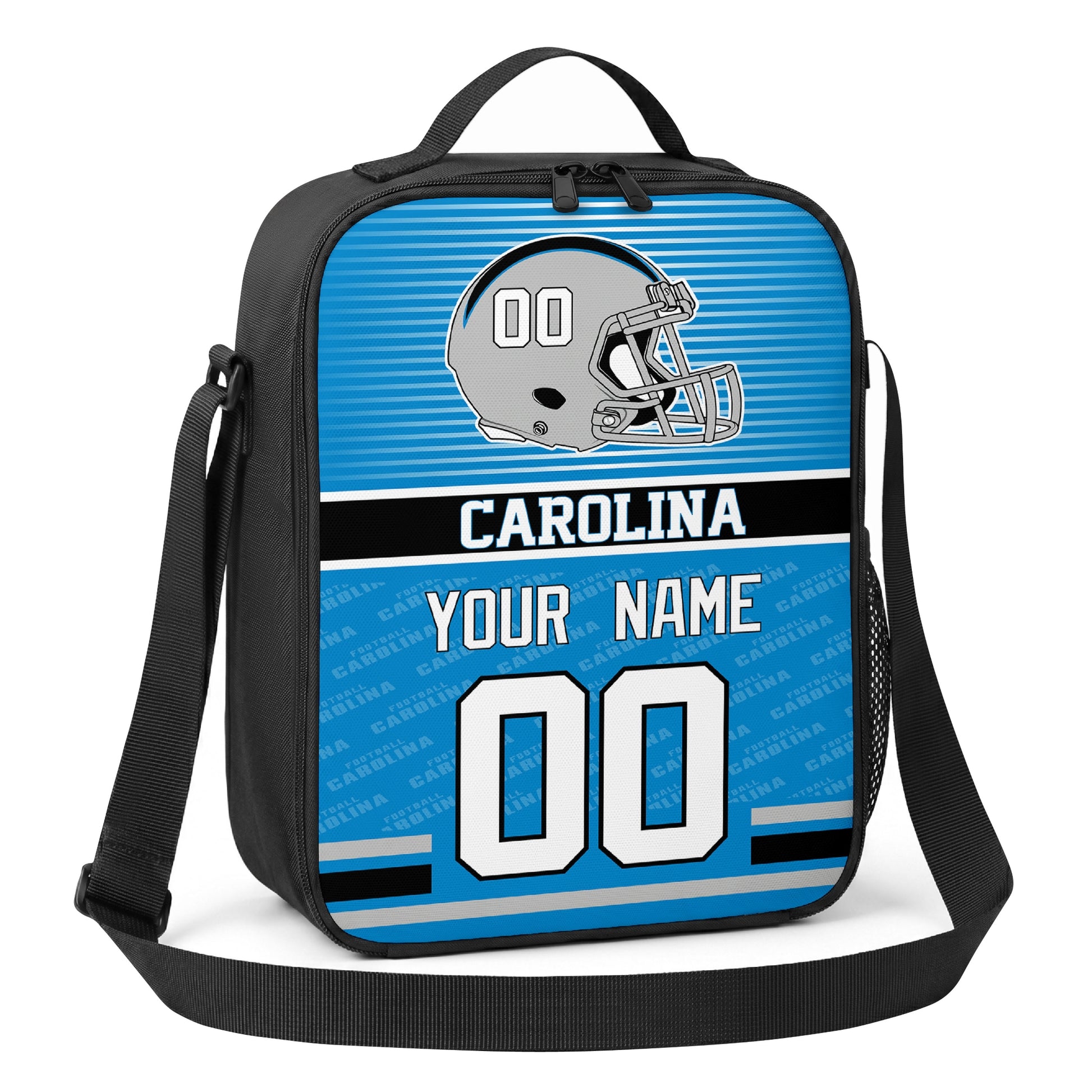 Carolina bright blue black and white striped helmet football shoulder bag angled front view with city stripe and custom name number