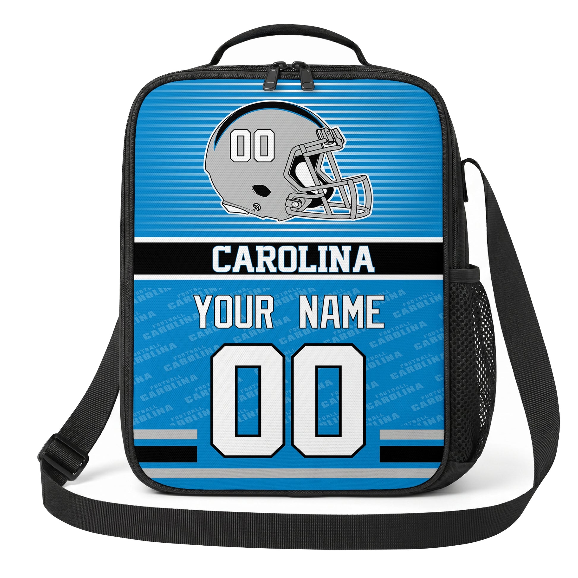 Carolina bright blue black and white striped helmet football shoulder bag alternate angled view with side mesh pocket top handle and shoulder strap