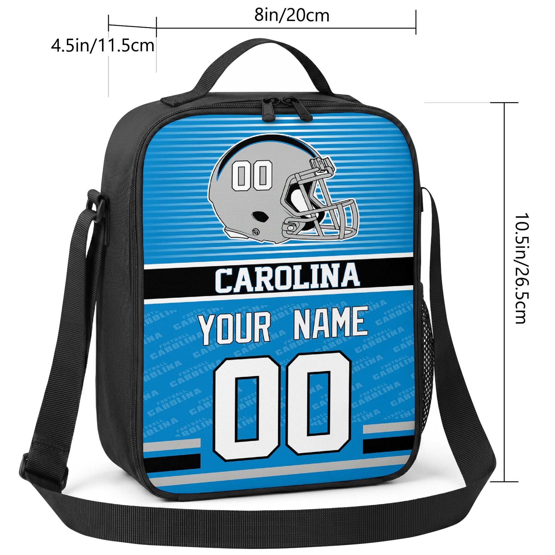 Carolina striped helmet football shoulder bag size guide showing 8 inch width 4.5 inch depth and 10.5 inch height