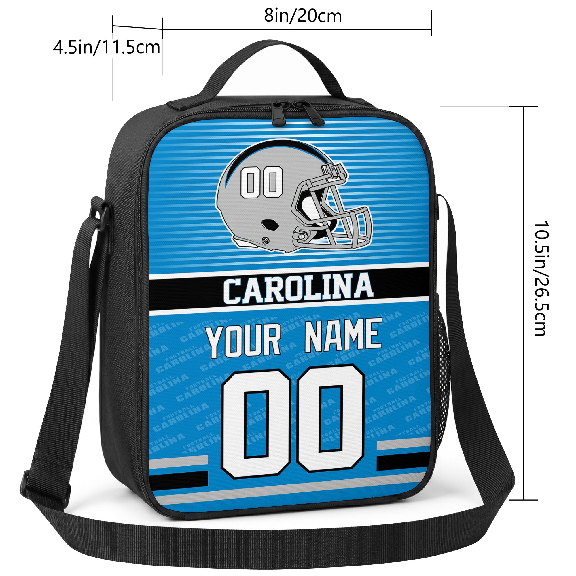 Carolina striped helmet football shoulder bag size guide showing 8 inch width 4.5 inch depth and 10.5 inch height