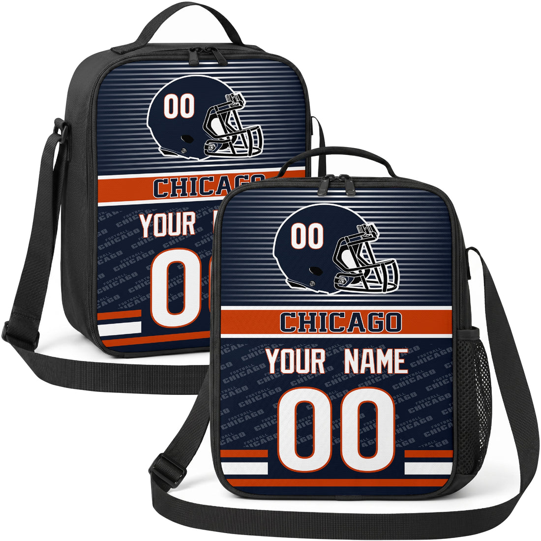 Chicago personalized striped helmet football shoulder bag in navy orange and white showing front and angled views with custom name and number
