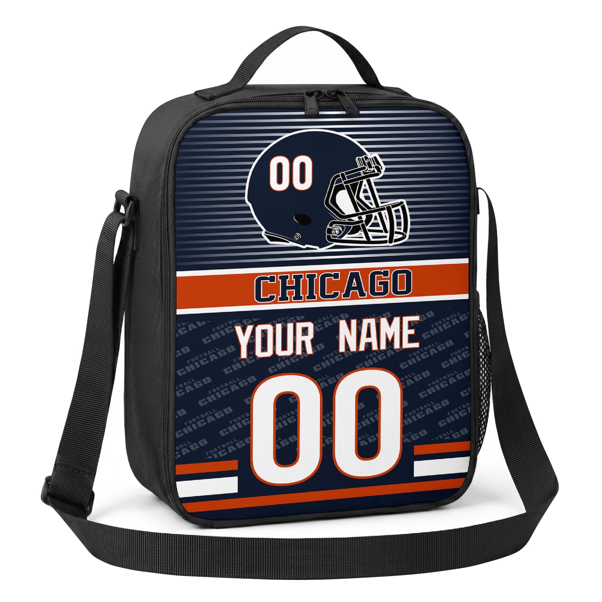 Chicago navy orange and white striped helmet football shoulder bag angled front view with city stripe and custom name number