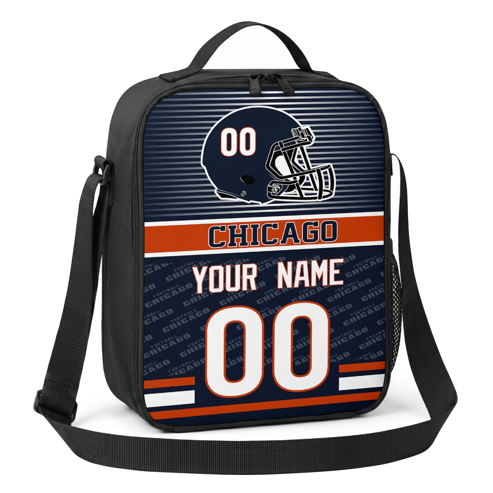 Chicago navy orange and white striped helmet football shoulder bag angled front view with city stripe and custom name number