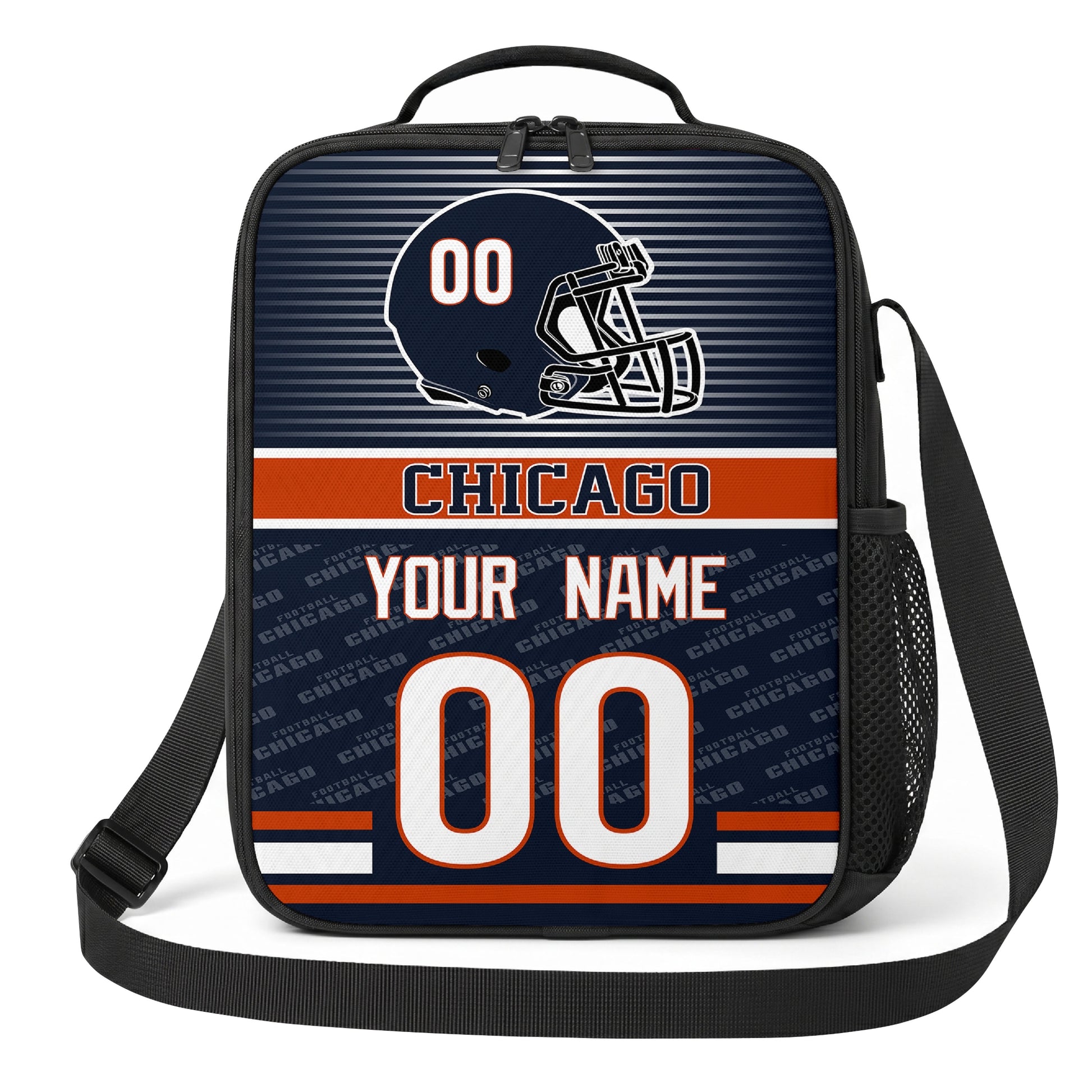 Chicago navy orange and white striped helmet football shoulder bag alternate angled view with side mesh pocket top handle and shoulder strap