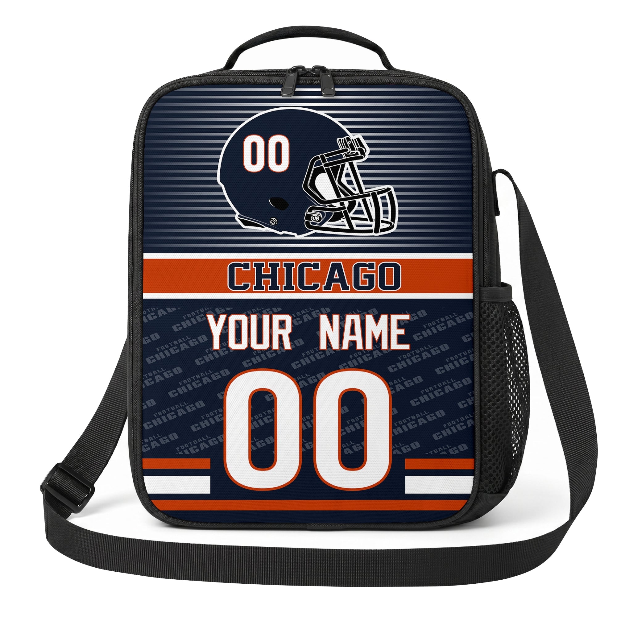 Chicago navy orange and white striped helmet football shoulder bag alternate angled view with side mesh pocket top handle and shoulder strap