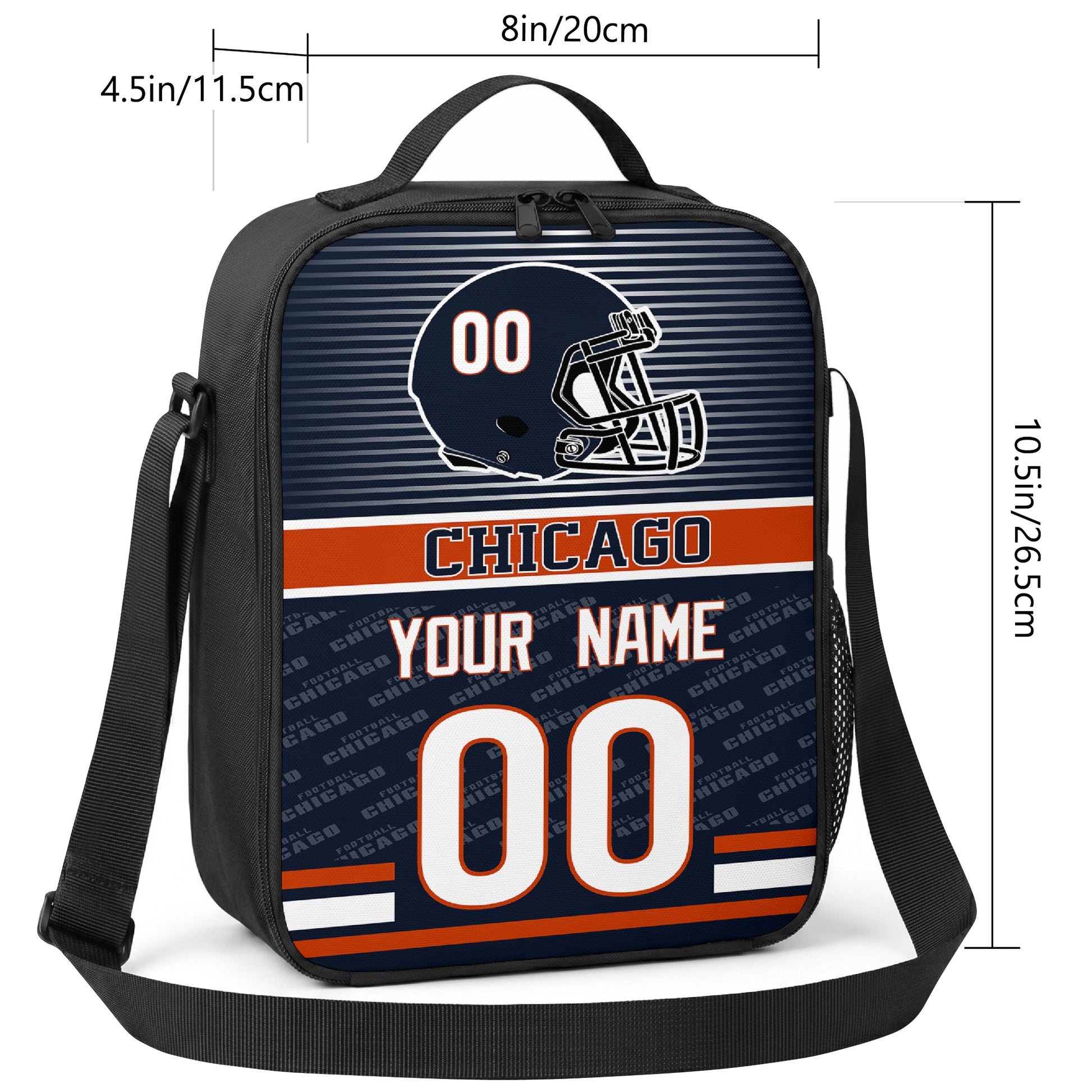 Chicago striped helmet football shoulder bag size guide showing 8 inch width 4.5 inch depth and 10.5 inch height