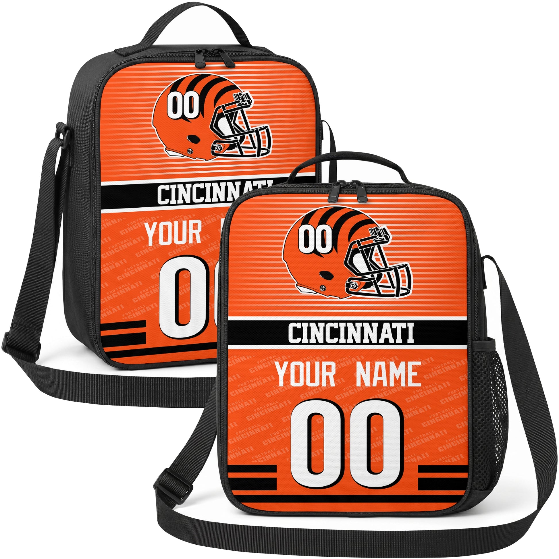 Cincinnati personalized striped helmet football shoulder bag in orange black and white showing front and angled views with custom name and number