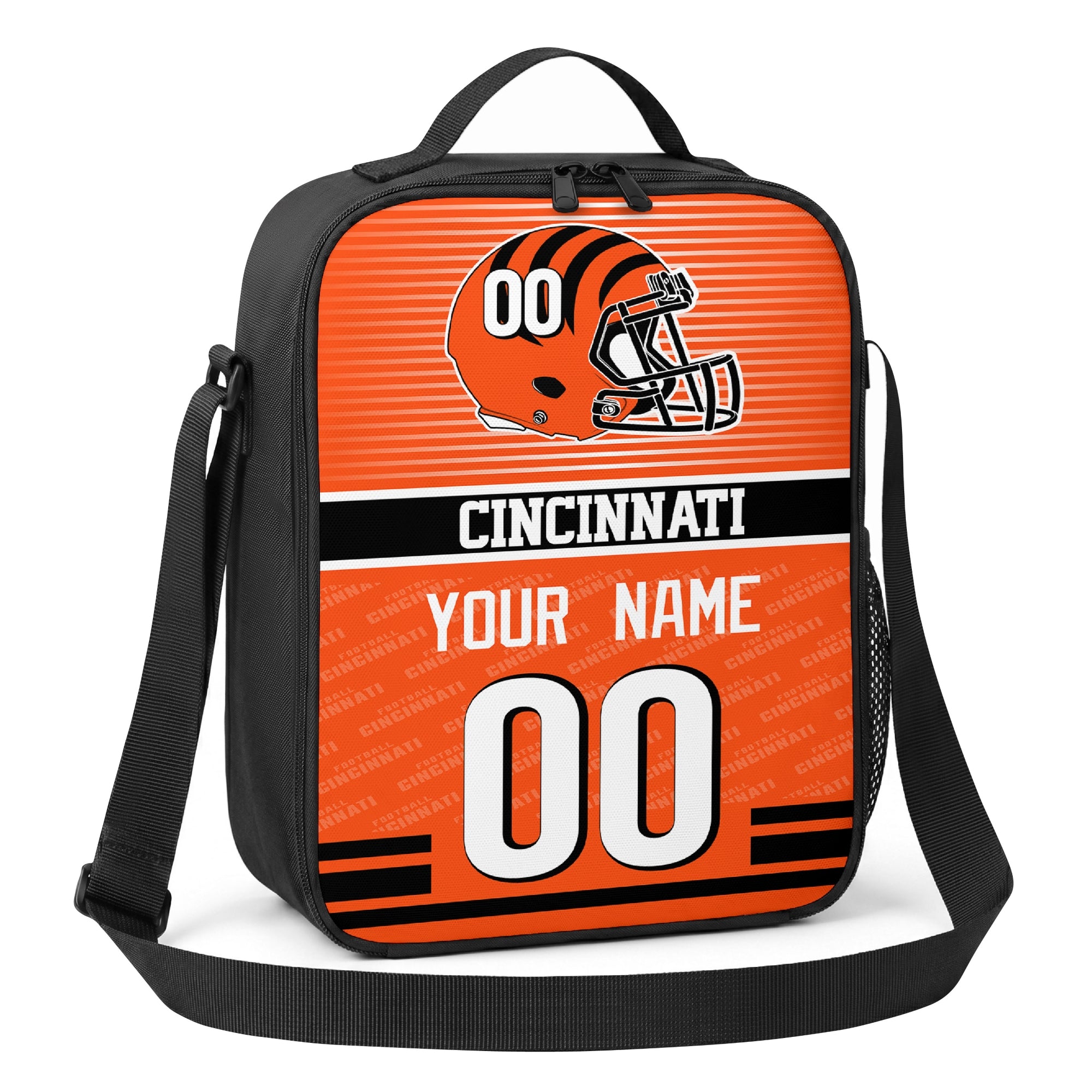 Cincinnati orange black and white striped helmet football shoulder bag angled front view with city stripe and custom name number