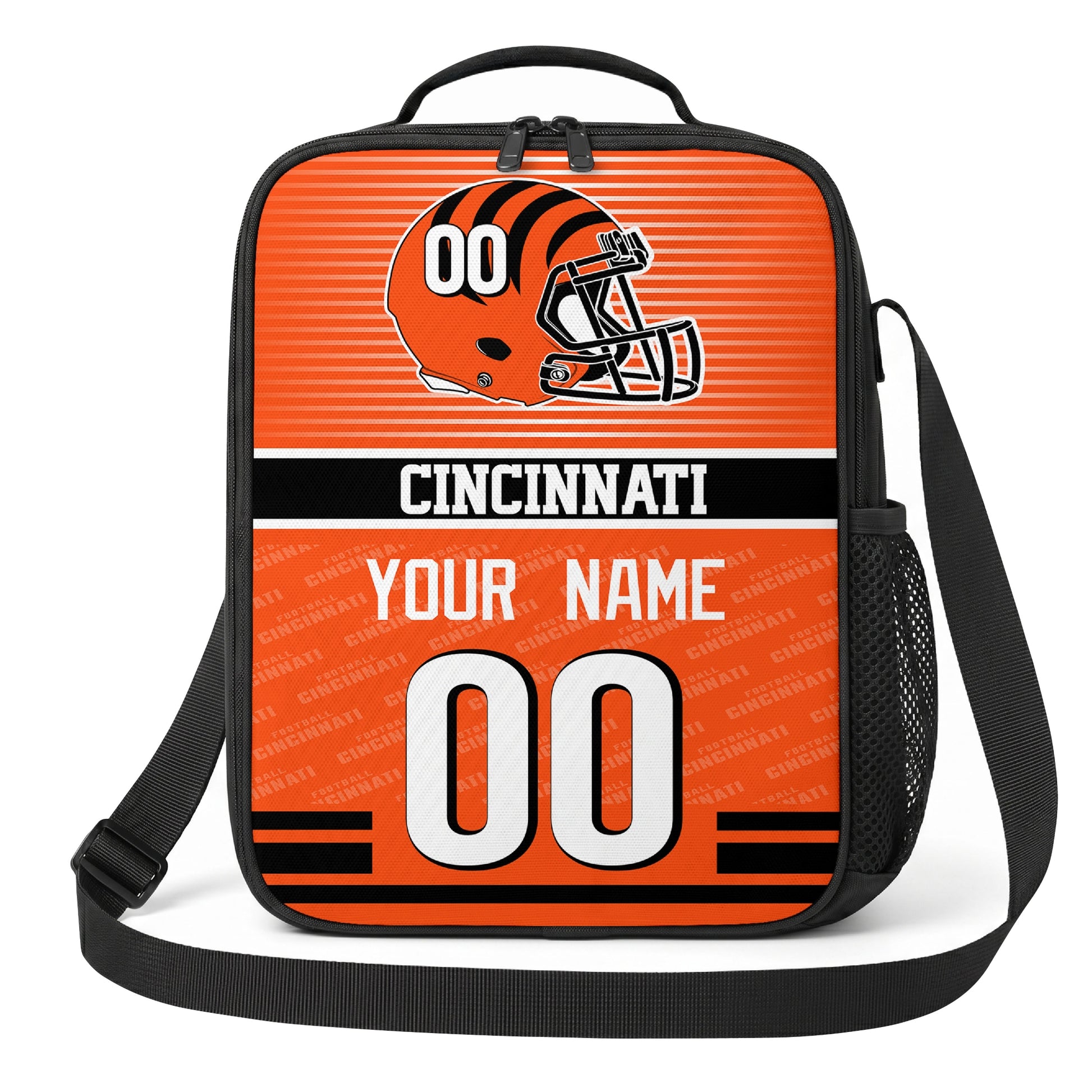 Cincinnati orange black and white striped helmet football shoulder bag alternate angled view with side mesh pocket top handle and shoulder strap