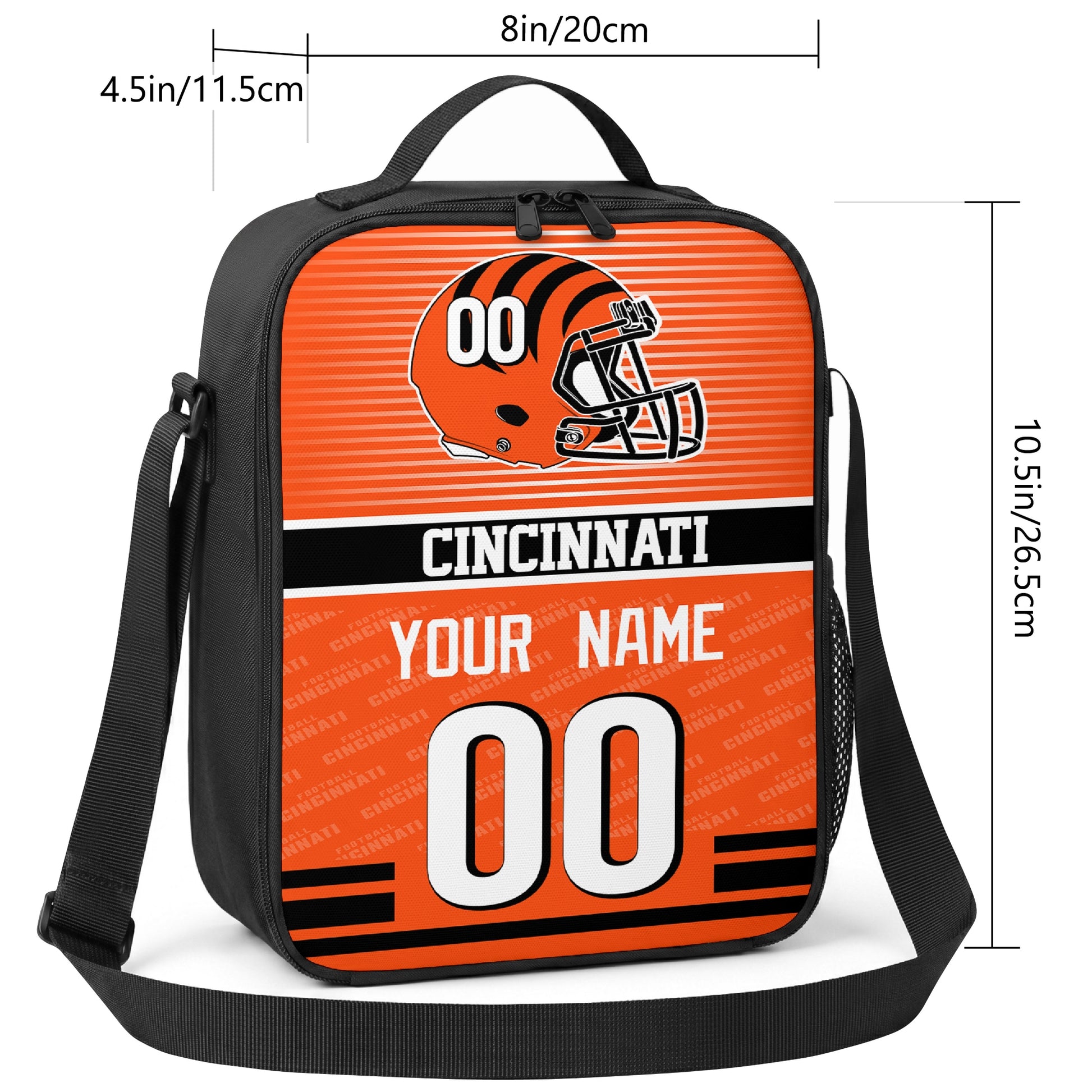 Cincinnati striped helmet football shoulder bag size guide showing 8 inch width 4.5 inch depth and 10.5 inch height