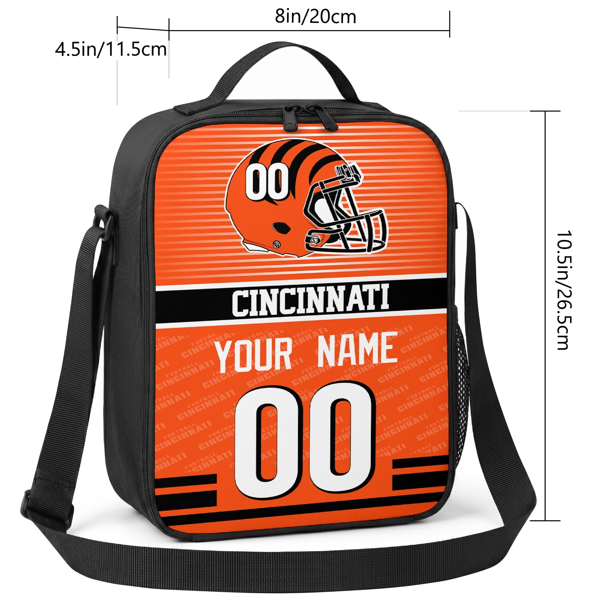 Cincinnati striped helmet football shoulder bag size guide showing 8 inch width 4.5 inch depth and 10.5 inch height