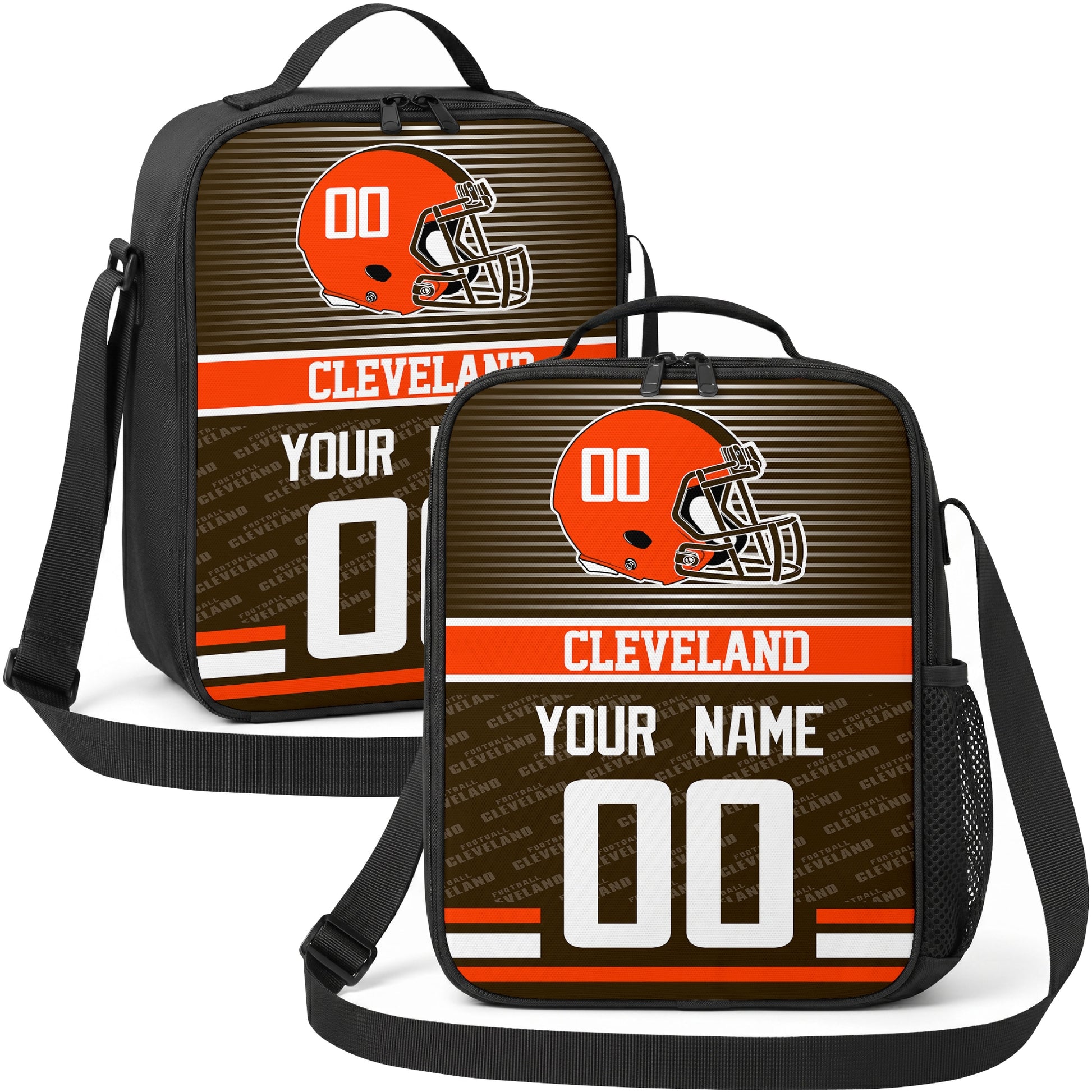 Cleveland personalized striped helmet football shoulder bag in brown orange and white showing front and angled views with custom name and number