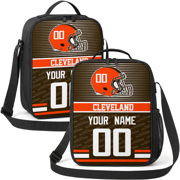 Cleveland personalized striped helmet football shoulder bag in brown orange and white showing front and angled views with custom name and number