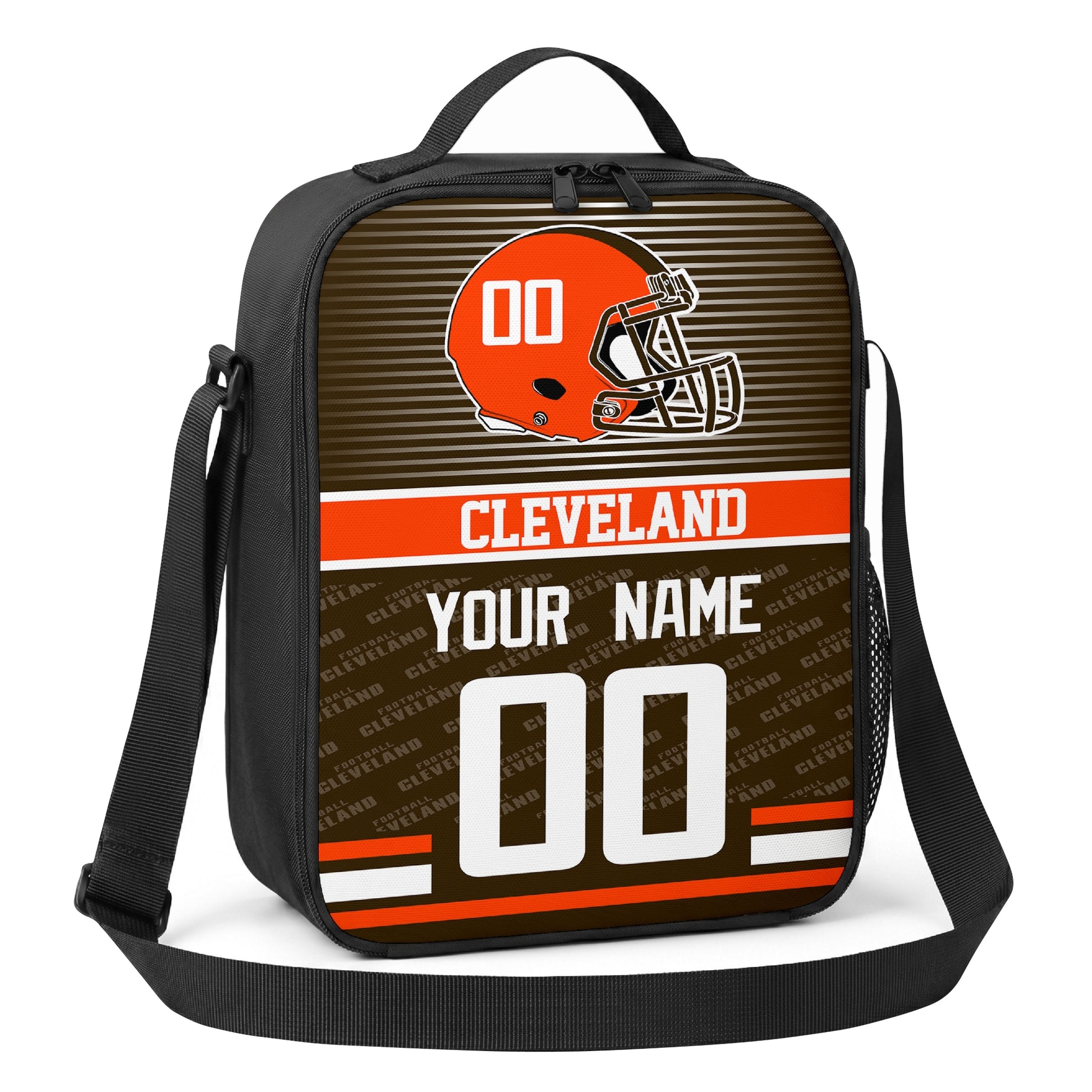 Cleveland brown orange and white striped helmet football shoulder bag angled front view with city stripe and custom name number