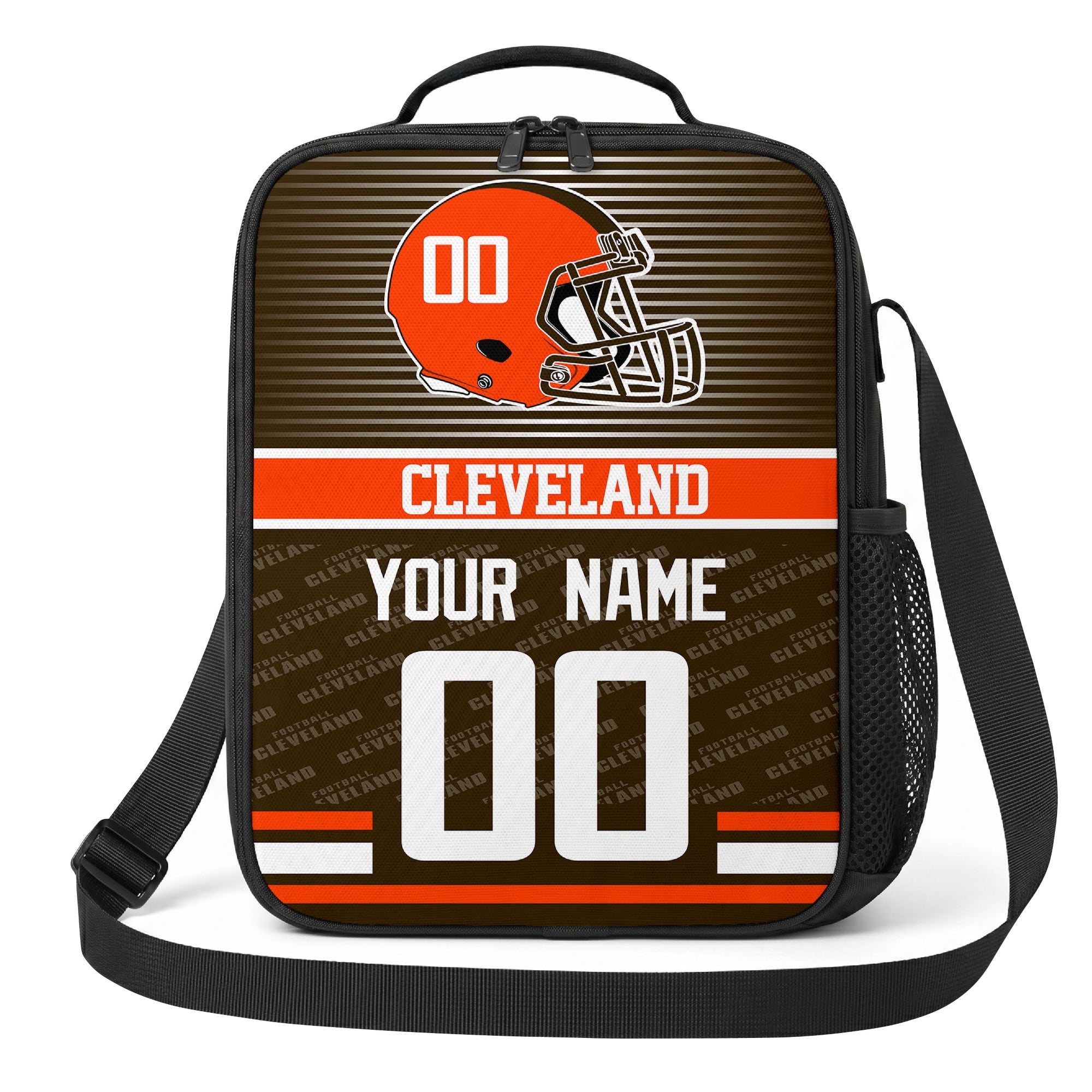Cleveland brown orange and white striped helmet football shoulder bag alternate angled view with side mesh pocket top handle and shoulder strap