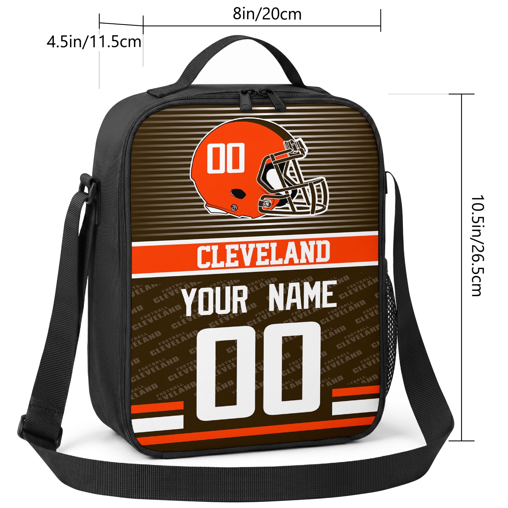 Cleveland striped helmet football shoulder bag size guide showing 8 inch width 4.5 inch depth and 10.5 inch height