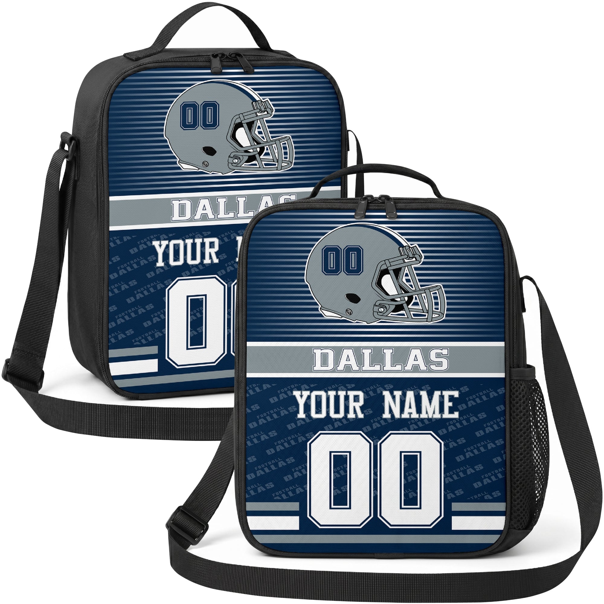 Dallas personalized striped helmet football shoulder bag in navy blue and white showing front and angled views with custom name and number
