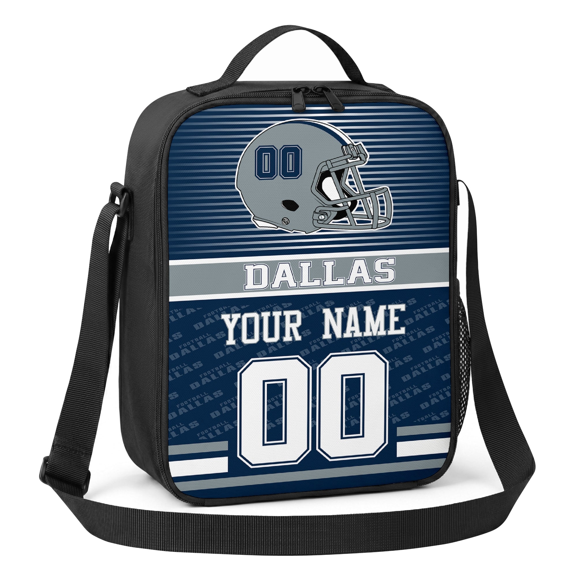 Dallas navy blue and white striped helmet football shoulder bag angled front view with city stripe and custom name number