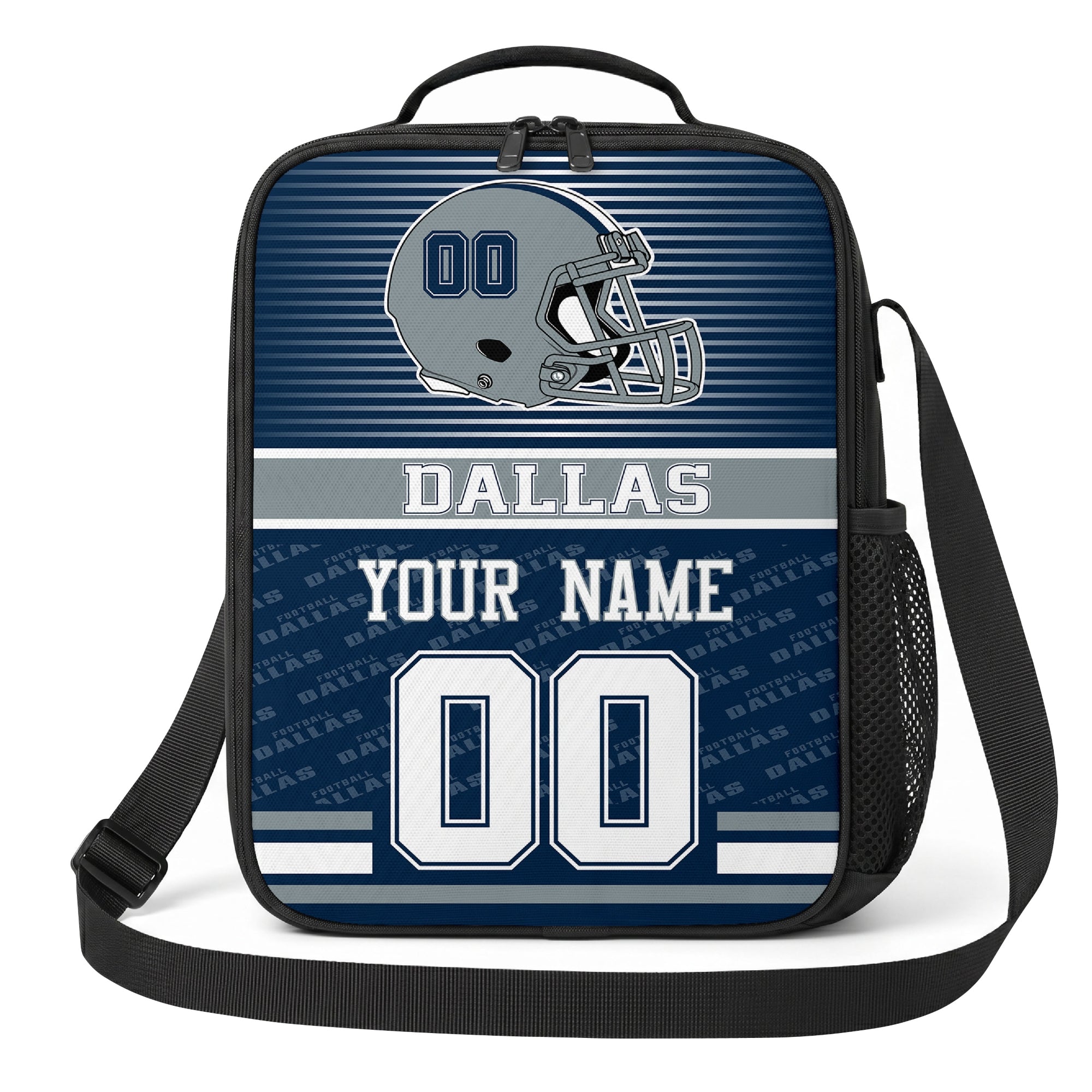 Dallas navy blue and white striped helmet football shoulder bag alternate angled view with side mesh pocket top handle and shoulder strap