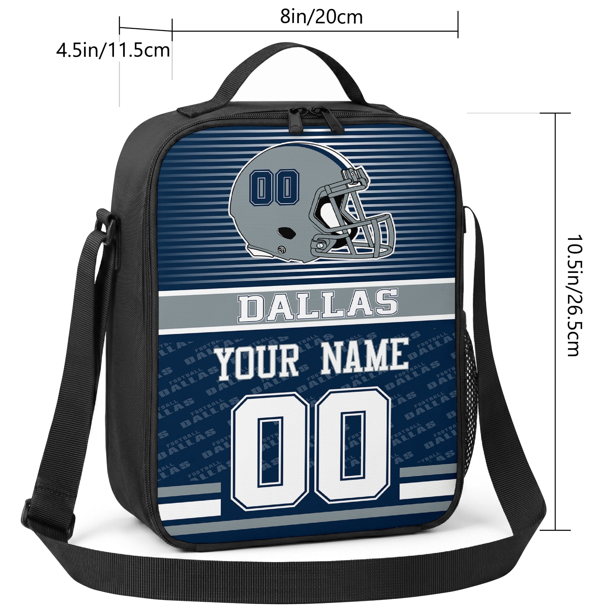 Dallas striped helmet football shoulder bag size guide showing 8 inch width 4.5 inch depth and 10.5 inch height
