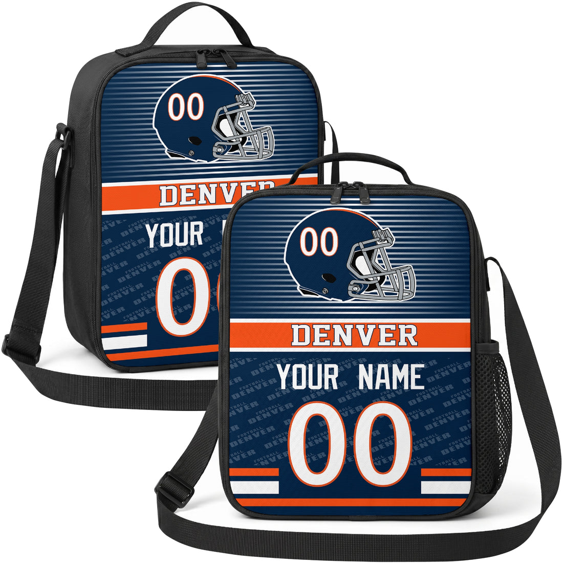 Denver personalized striped helmet football shoulder bag in navy orange and white showing front and angled views with custom name and number