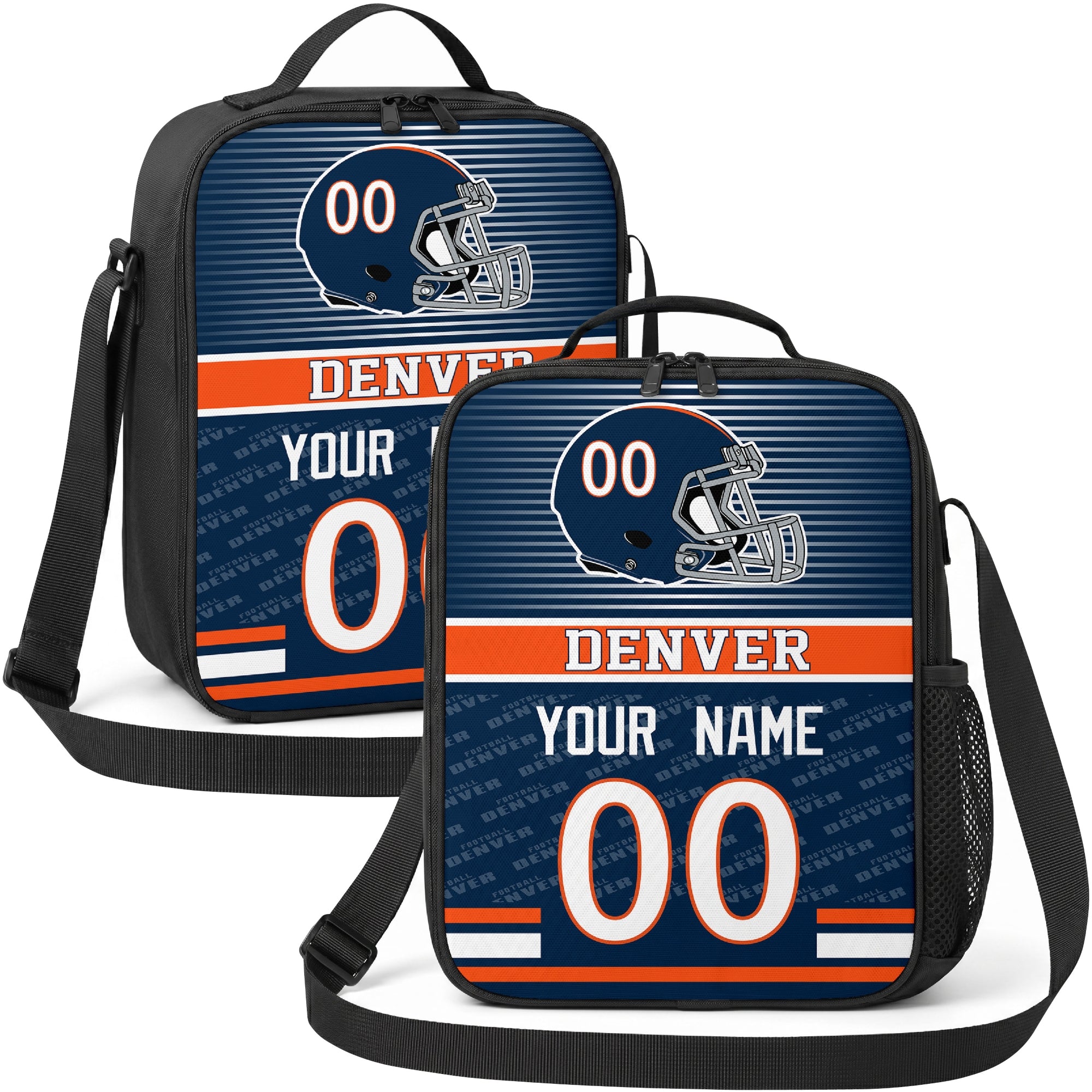Denver personalized striped helmet football shoulder bag in navy orange and white showing front and angled views with custom name and number
