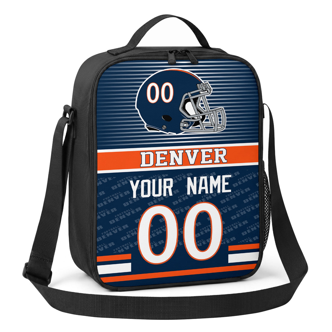 Denver personalized striped helmet football shoulder bag in navy orange and white showing front and angled views with custom name and number