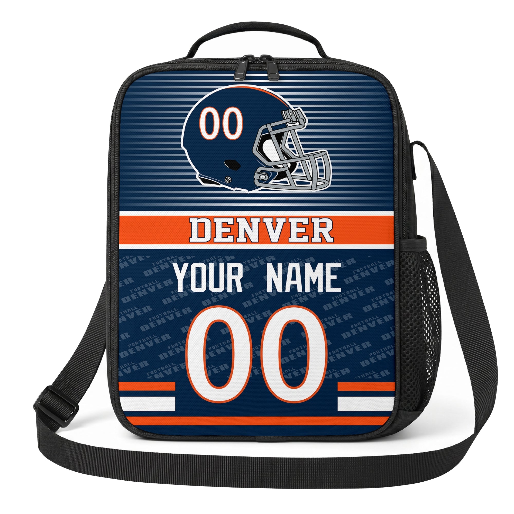 Denver navy orange and white striped helmet football shoulder bag alternate angled view with side mesh pocket top handle and shoulder strap