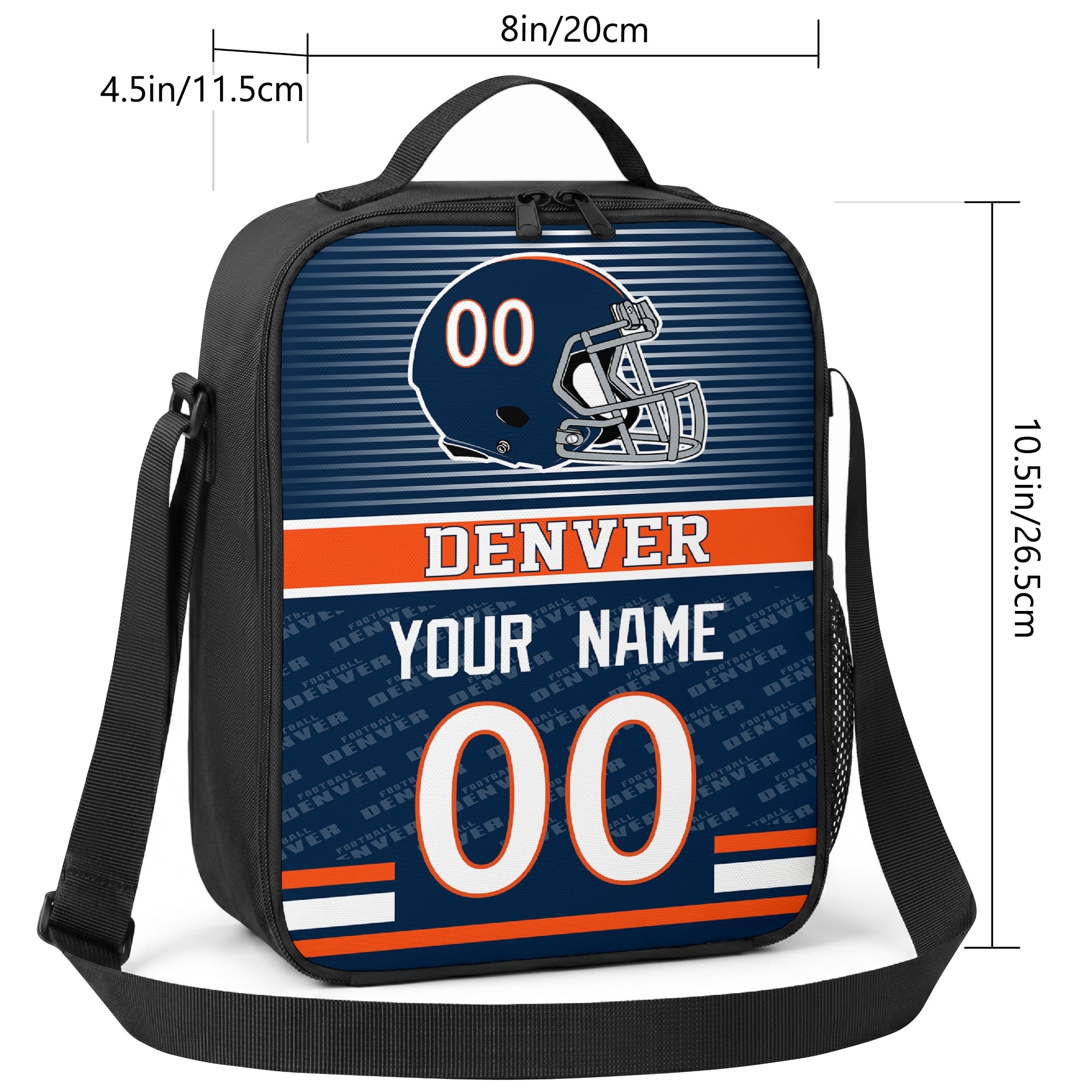 Denver striped helmet football shoulder bag size guide showing 8 inch width 4.5 inch depth and 10.5 inch height