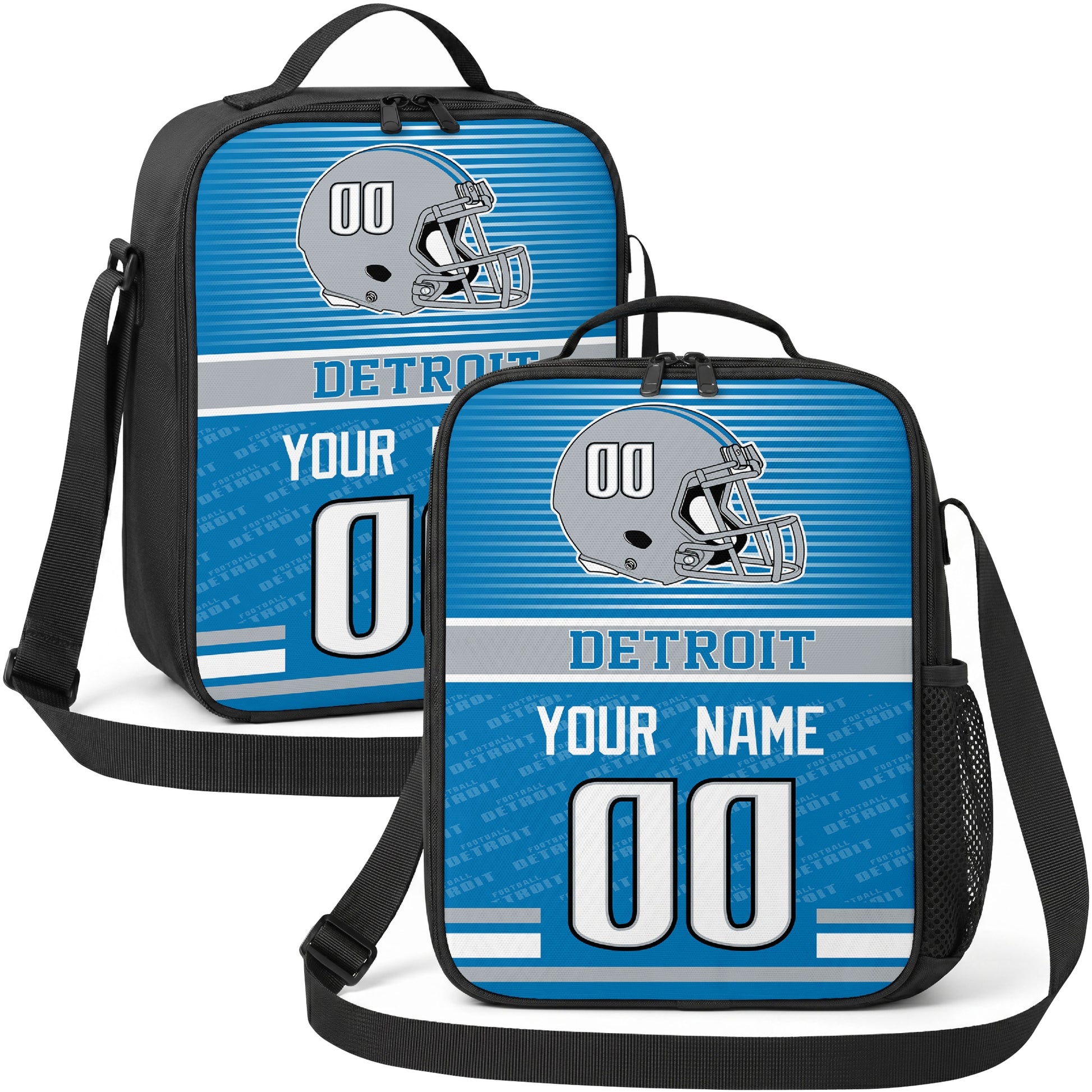 Detroit personalized striped helmet football shoulder bag in blue light blue and white showing front and angled views with custom name and number