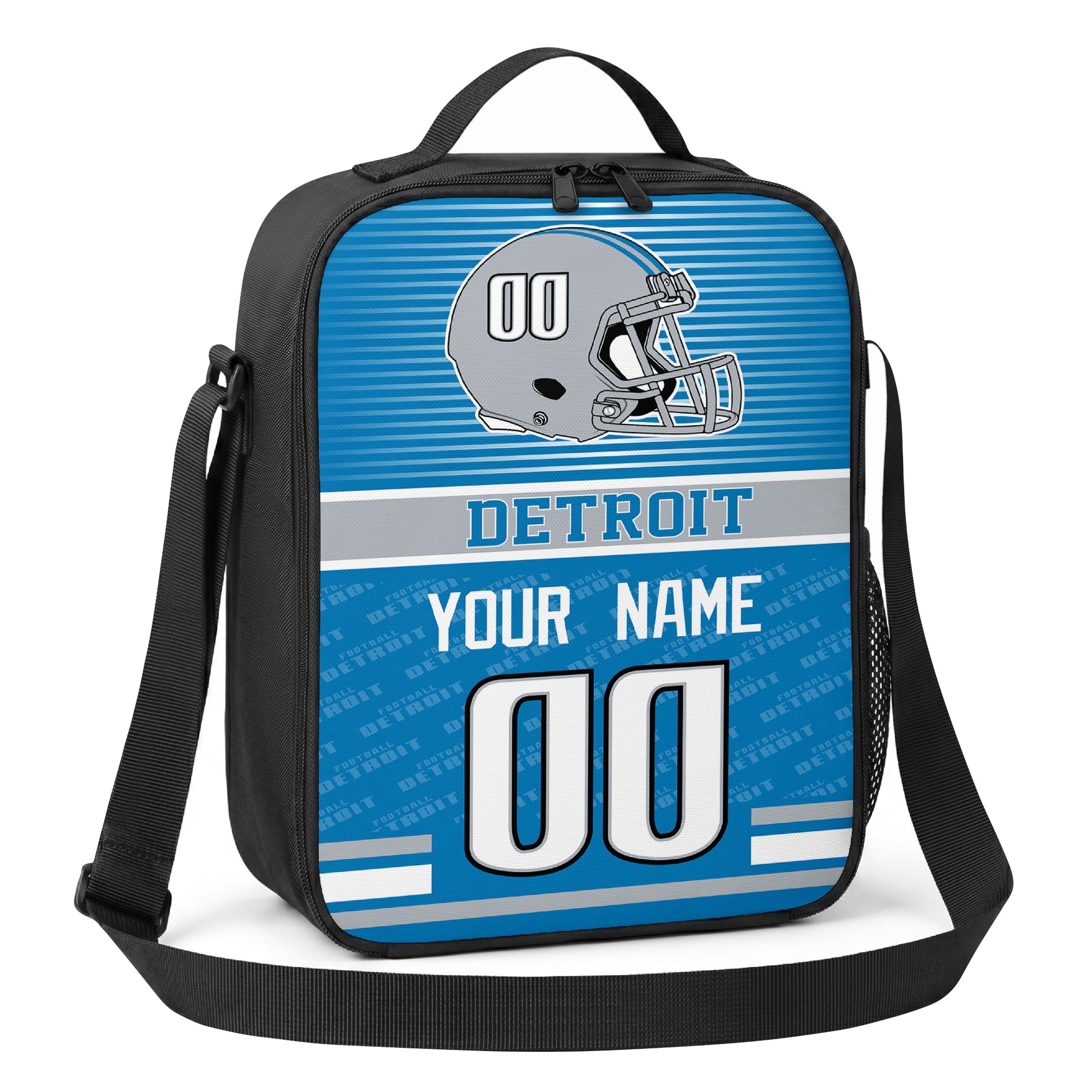 Detroit blue light blue and white striped helmet football shoulder bag angled front view with city stripe and custom name number
